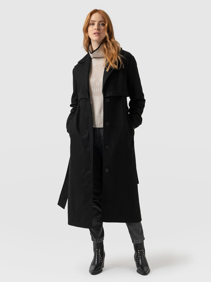 Saint+Sofia Odette Coat in black Italian wool with tonal buttons and storm flaps