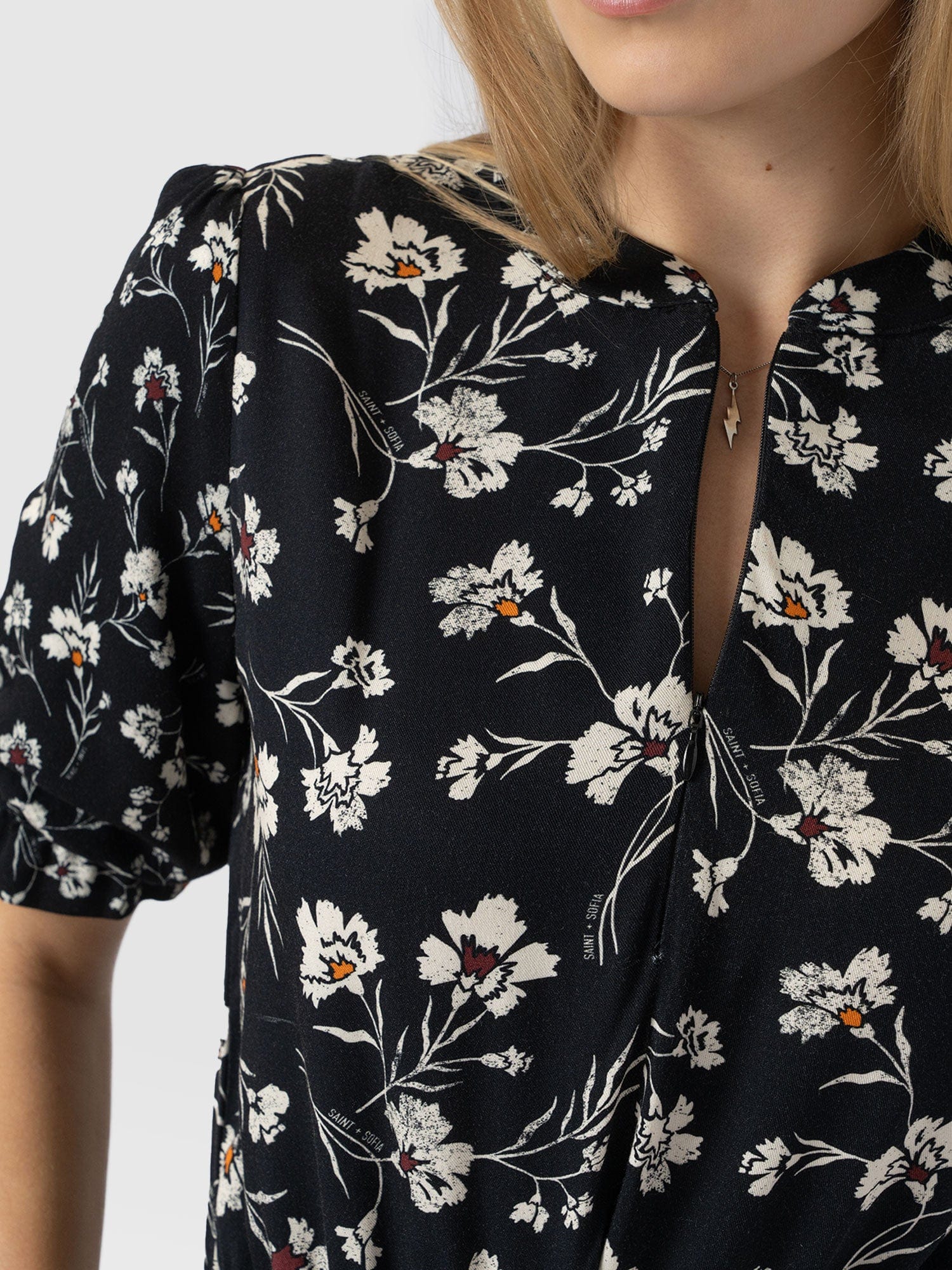 Olivia Zip Up Short Sleeve Dress - Black Spring Floral - Women's Dresss | Saint + Sofia® USA