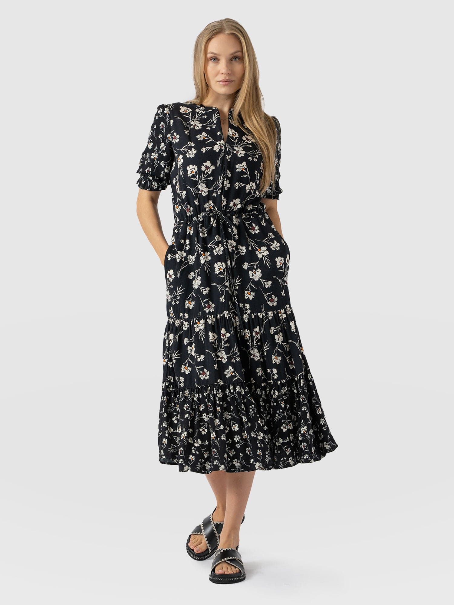 Olivia Zip Up Short Sleeve Dress - Black Spring Floral - Women's Dresss | Saint + Sofia® USA