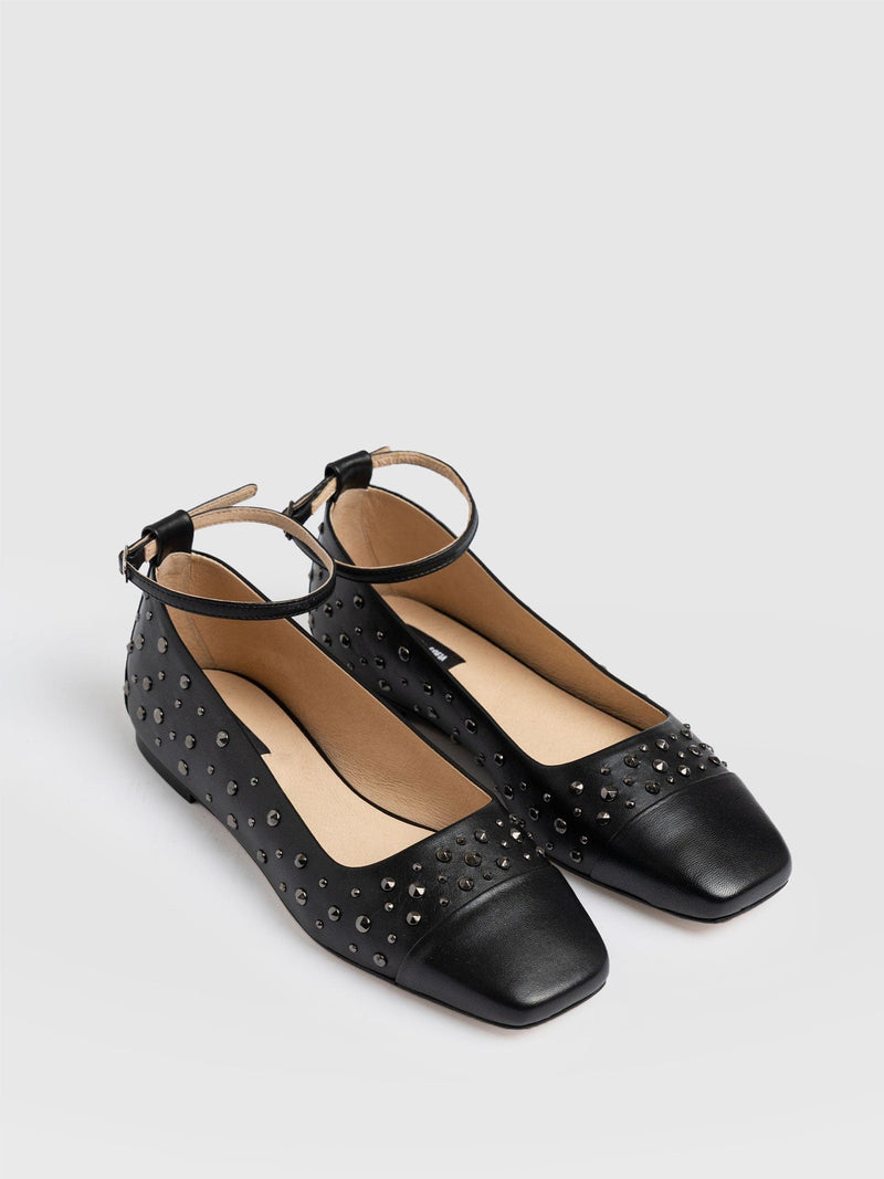 Ophelia Leather Ballerinas Black Studded - Women's Shoes | Saint + Sofia® UK