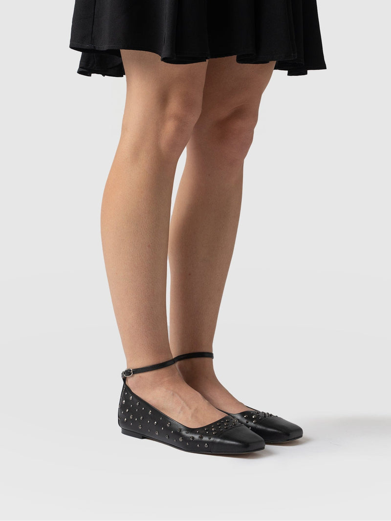 Ophelia Leather Ballerinas Black Studded - Women's Shoes | Saint + Sofia® UK