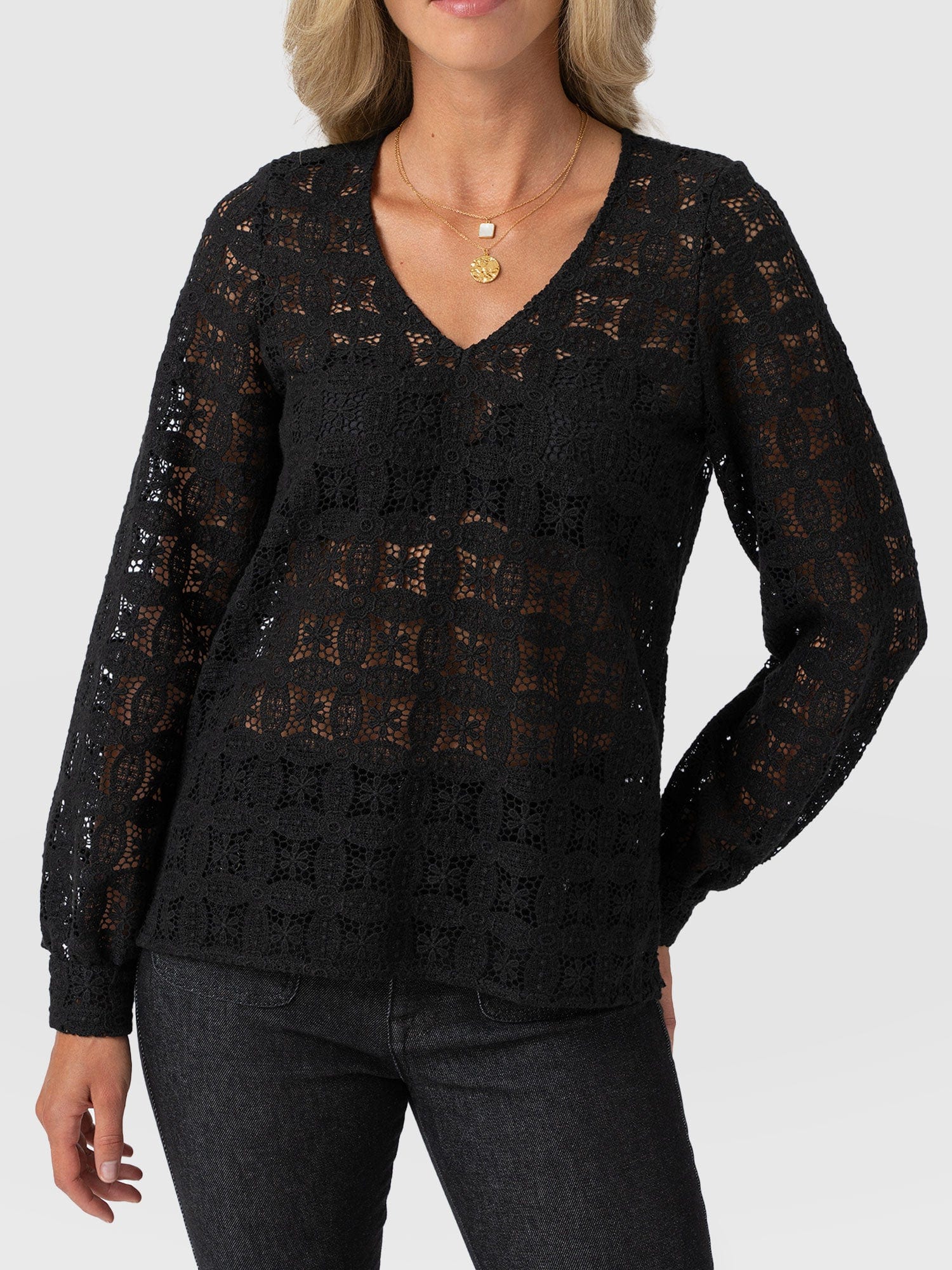 Ottilie V Neck Blouse - Black Broderie - Women's Blouses | Saint + Sofia® USA
