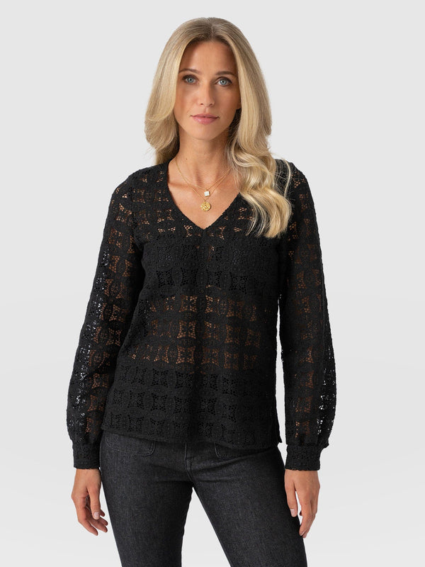 Ottilie V Neck Blouse - Black Broderie - Women's Blouses | Saint + Sofia® USA