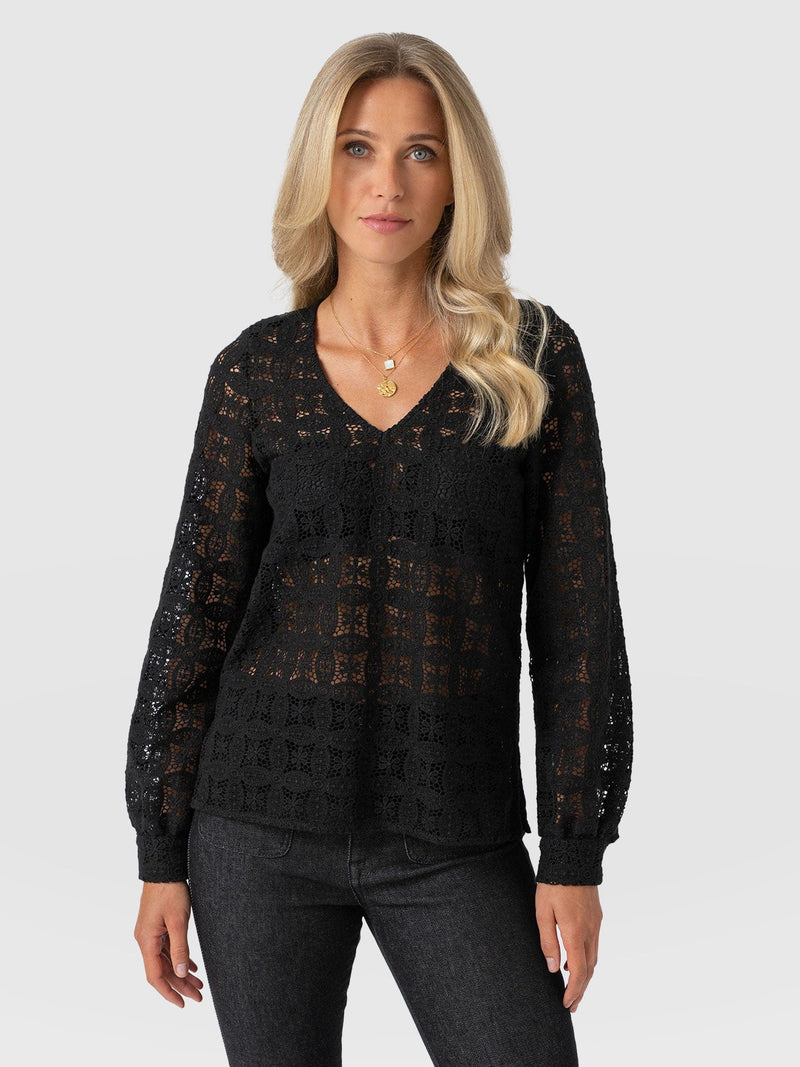 Ottilie V Neck Blouse - Black Broderie - Women's Blouses | Saint + Sofia® USA