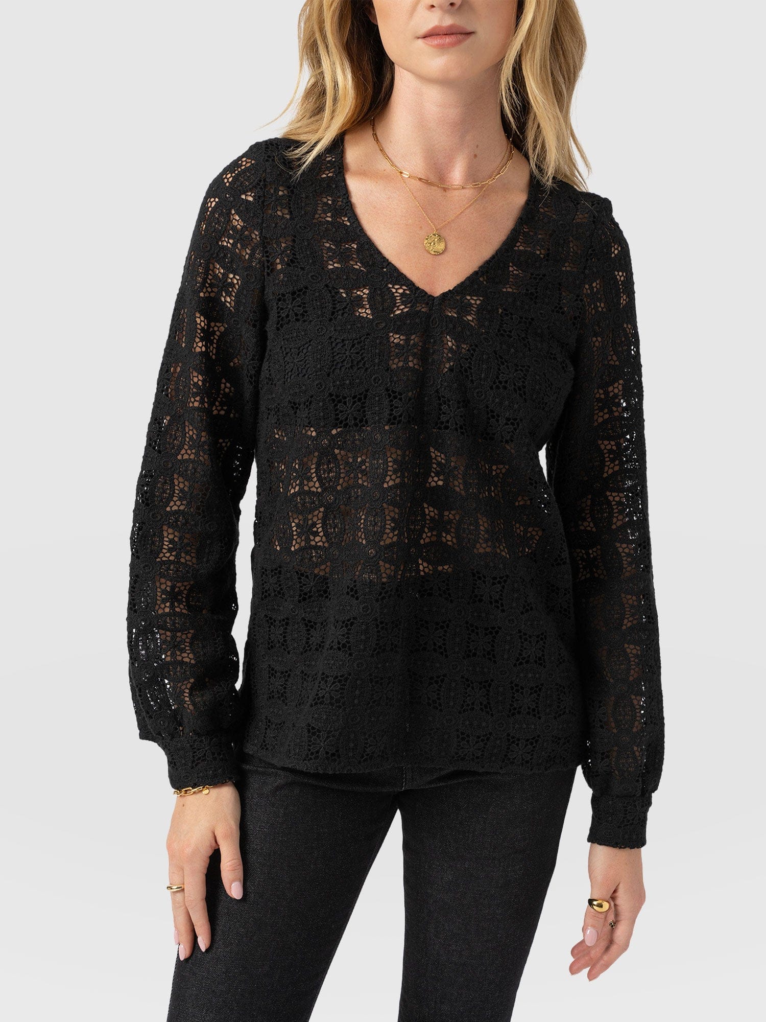Ottilie V Neck Blouse - Black Broderie - Women's Blouses | Saint + Sofia® USA