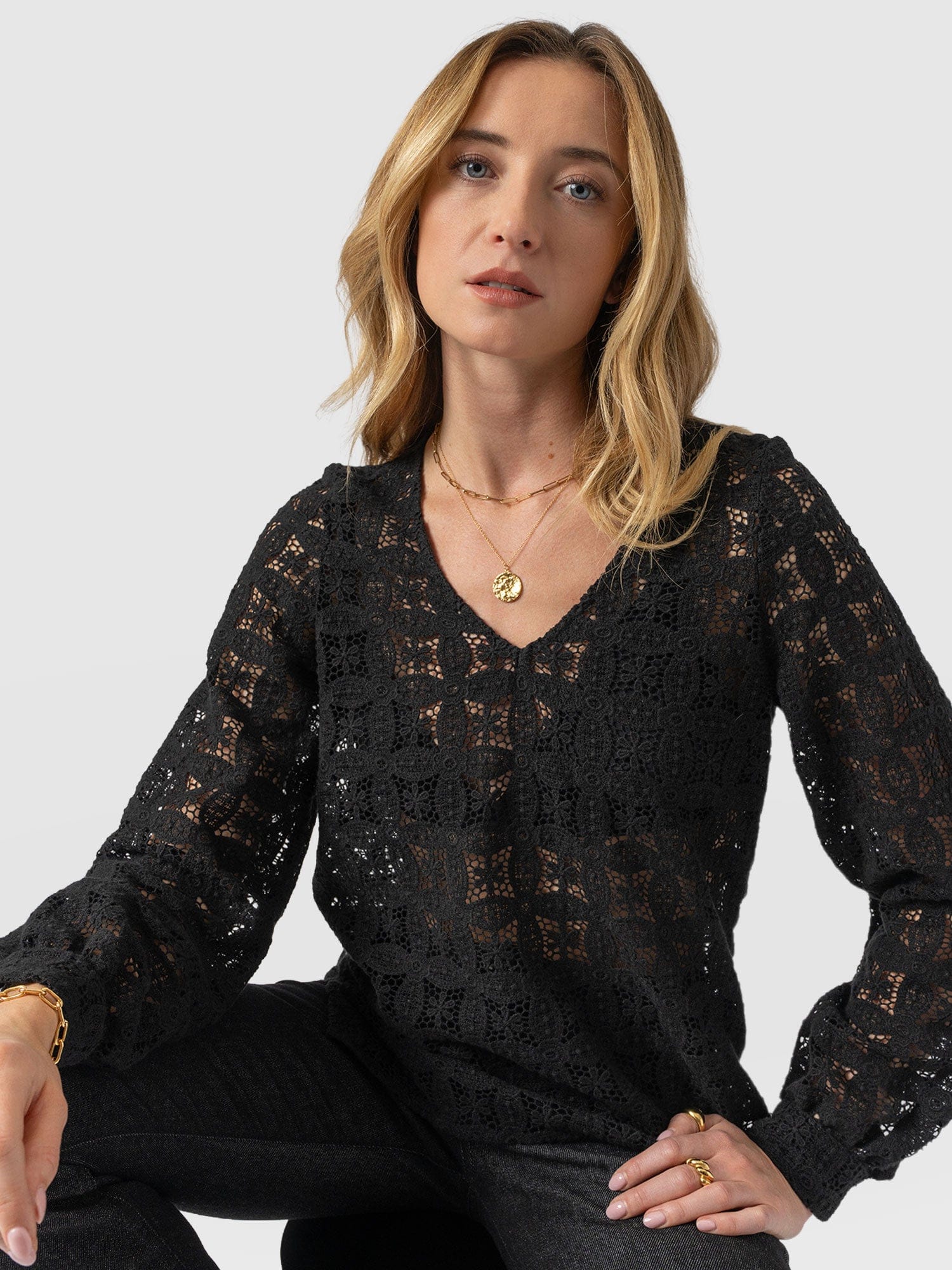 Ottilie V Neck Blouse - Black Broderie - Women's Blouses | Saint + Sofia® USA