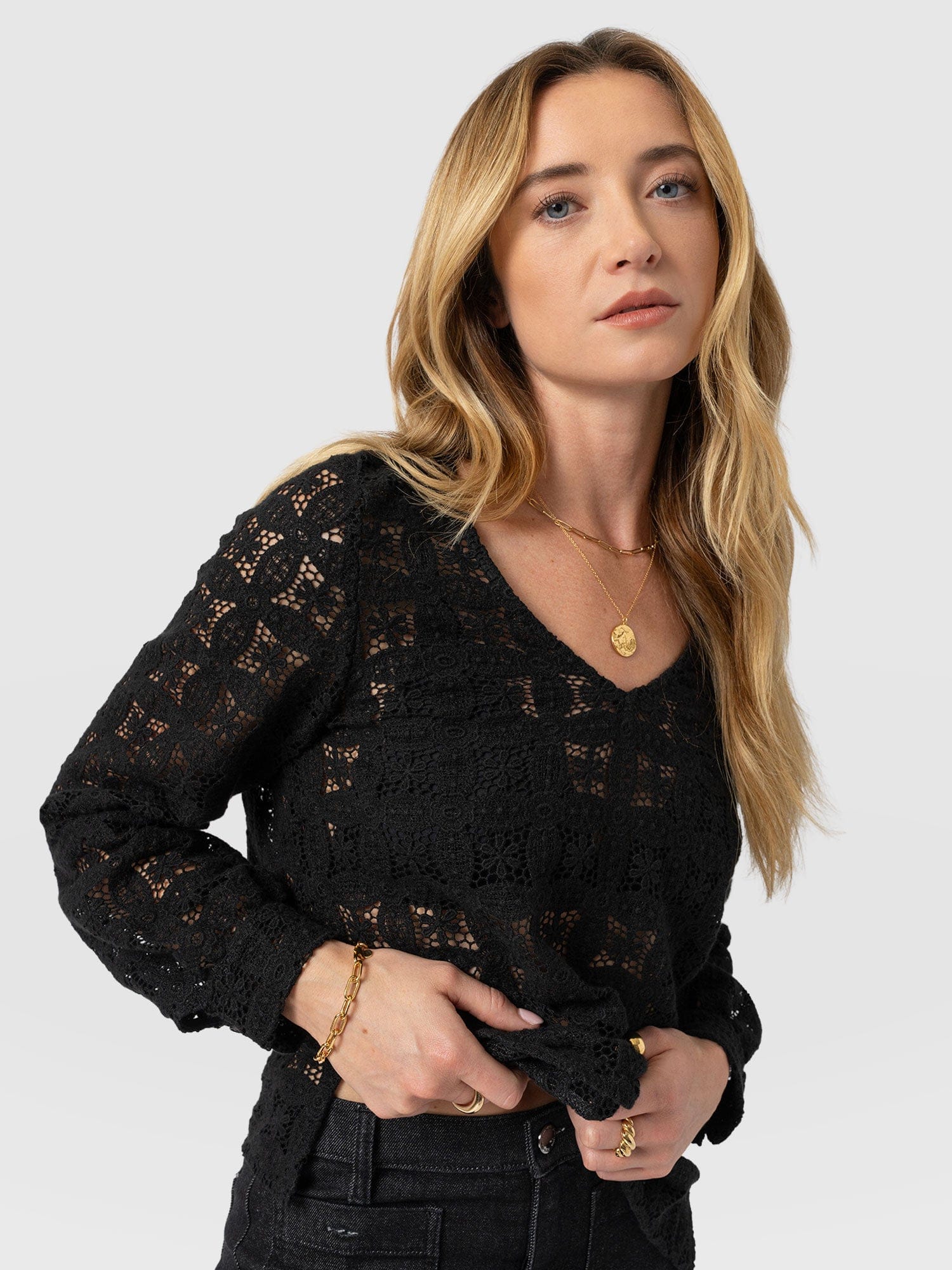 Ottilie V Neck Blouse - Black Broderie - Women's Blouses | Saint + Sofia® USA