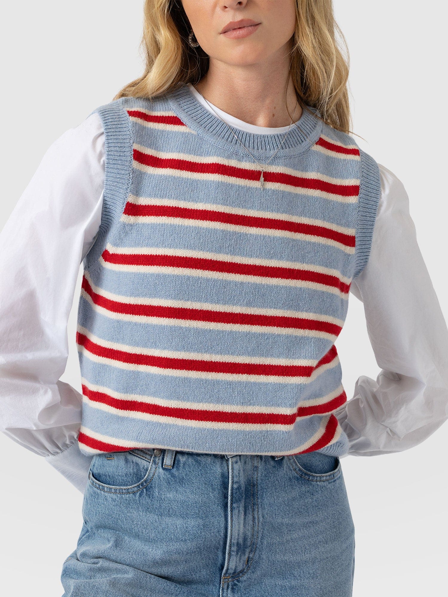 Oxford Cashmere Sleeveless Knit - Blue Stripe - Women's Sweaters | Saint + Sofia® USA