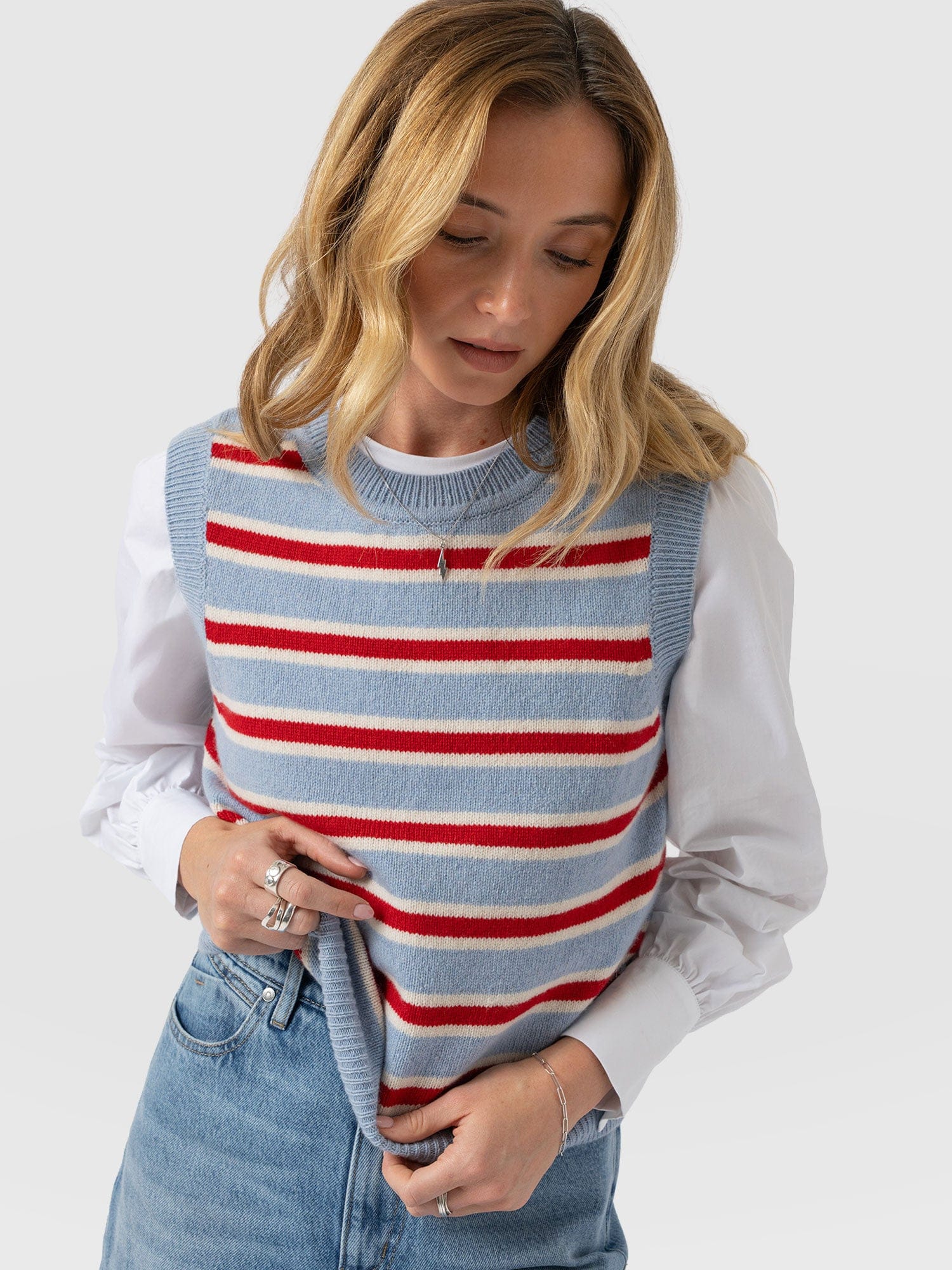 Oxford Cashmere Sleeveless Knit - Blue Stripe - Women's Sweaters | Saint + Sofia® USA
