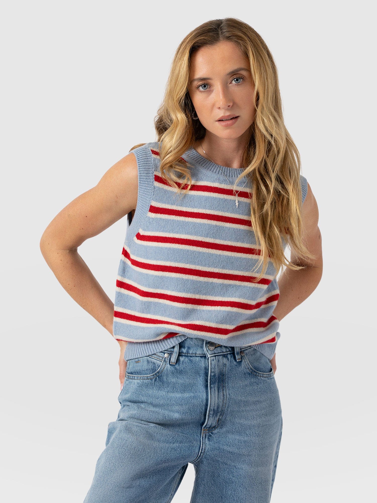 Oxford Cashmere Sleeveless Knit - Blue Stripe - Women's Sweaters | Saint + Sofia® USA