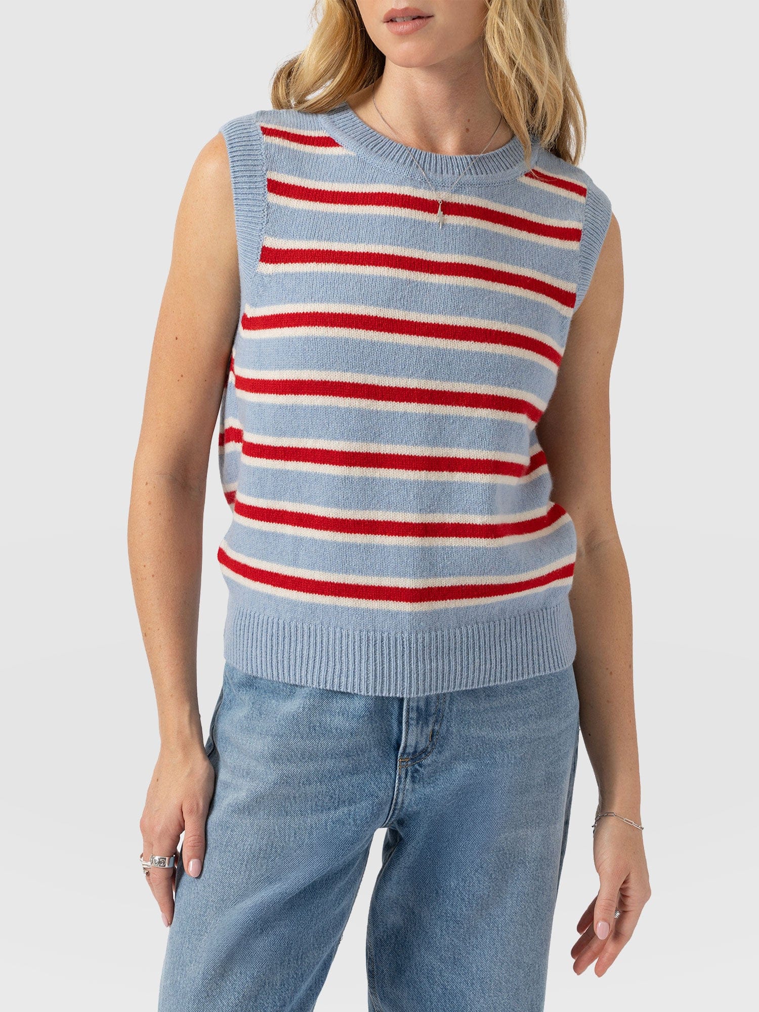 Oxford Cashmere Sleeveless Knit - Blue Stripe - Women's Sweaters | Saint + Sofia® USA