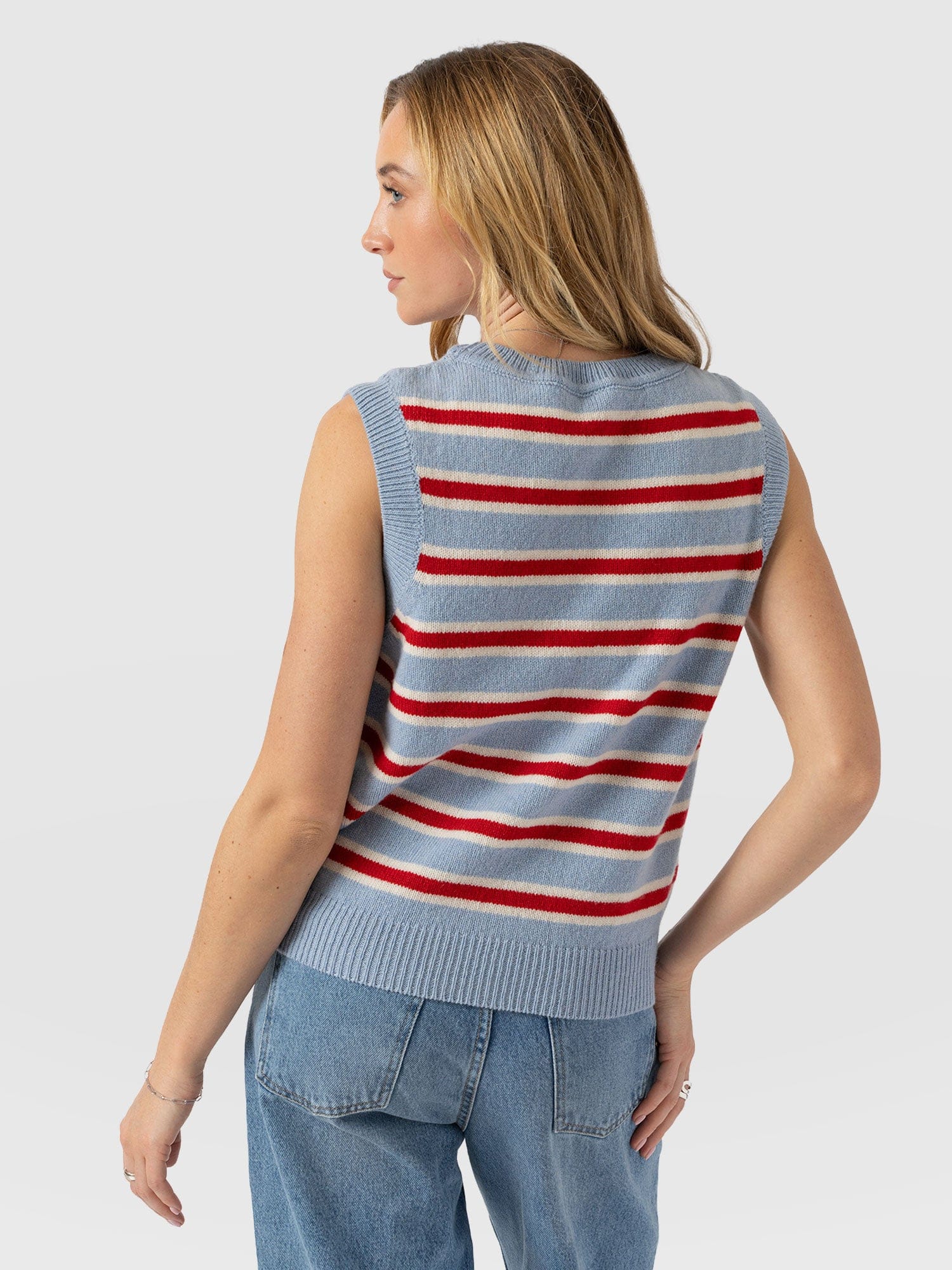 Oxford Cashmere Sleeveless Knit - Blue Stripe - Women's Sweaters | Saint + Sofia® USA