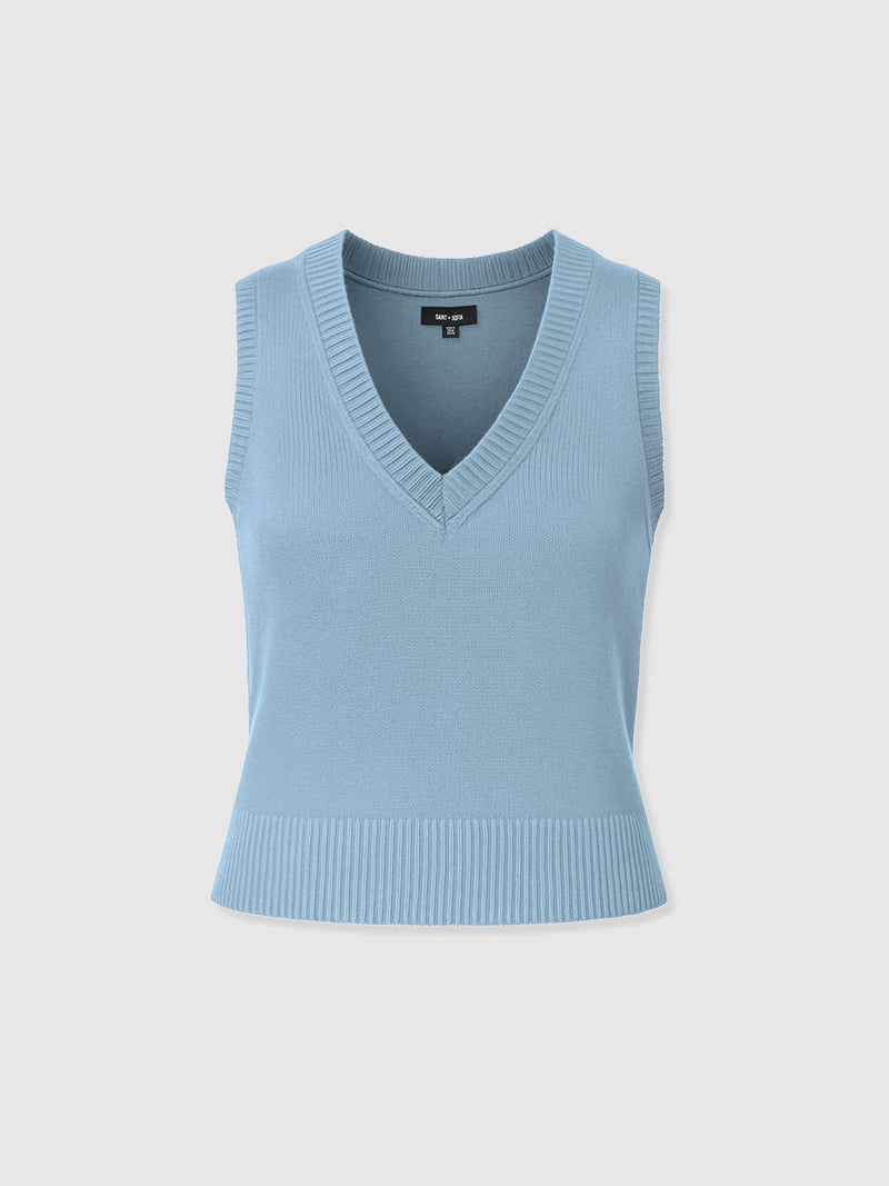 Oxford Cashmere V Neck Sleeveless Knit - Blue - Women's Sweaters | Saint + Sofia® USA