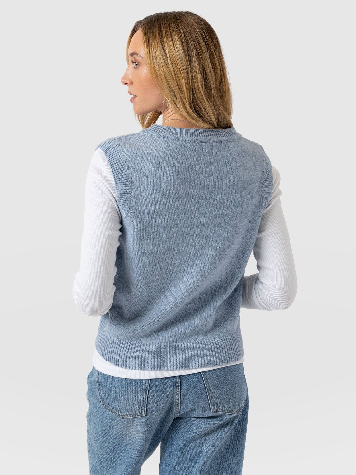 Oxford Cashmere V Neck Sleeveless Knit - Blue - Women's Sweaters | Saint + Sofia® USA