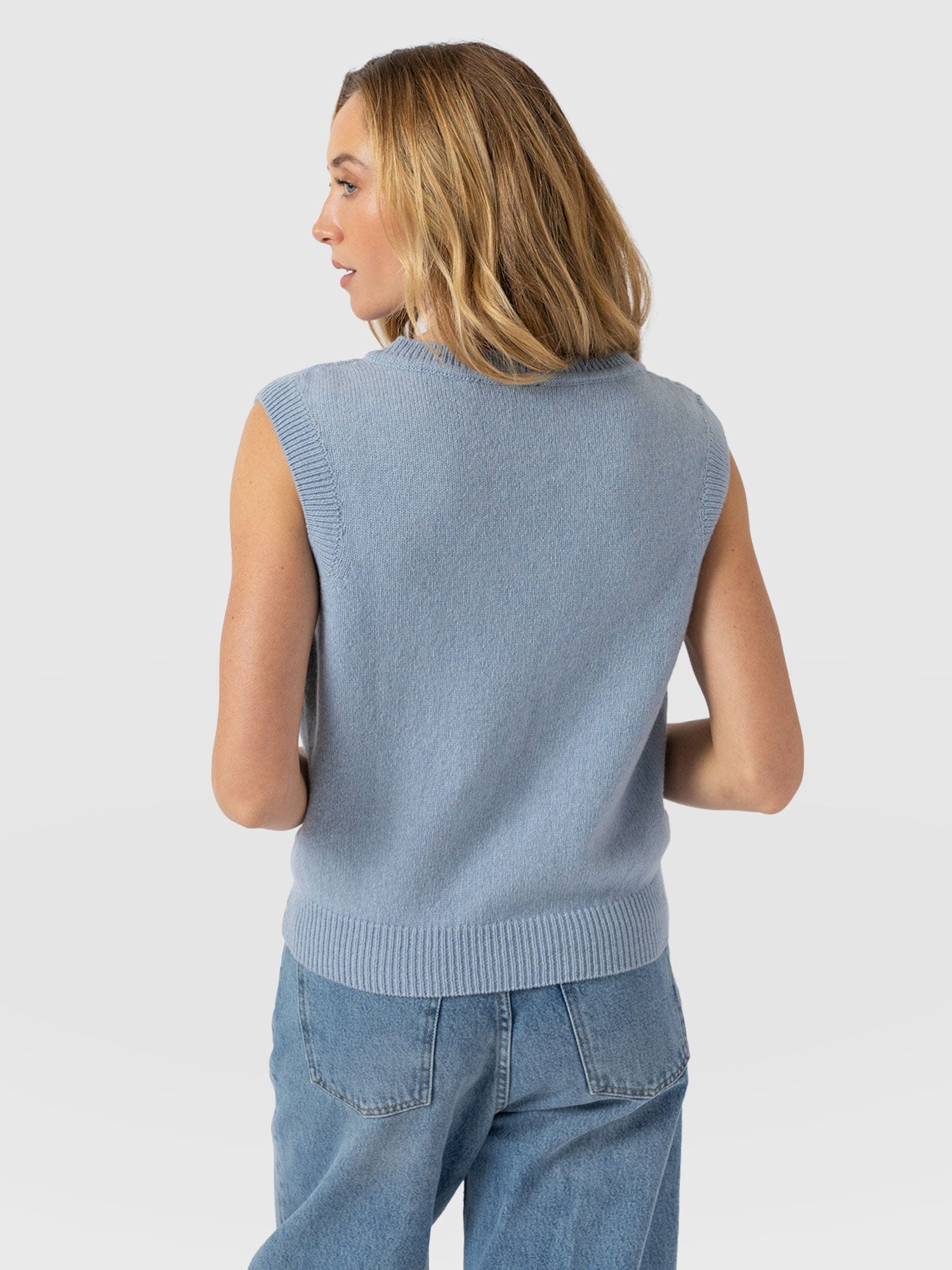 Oxford Cashmere V Neck Sleeveless Knit - Blue - Women's Sweaters | Saint + Sofia® USA