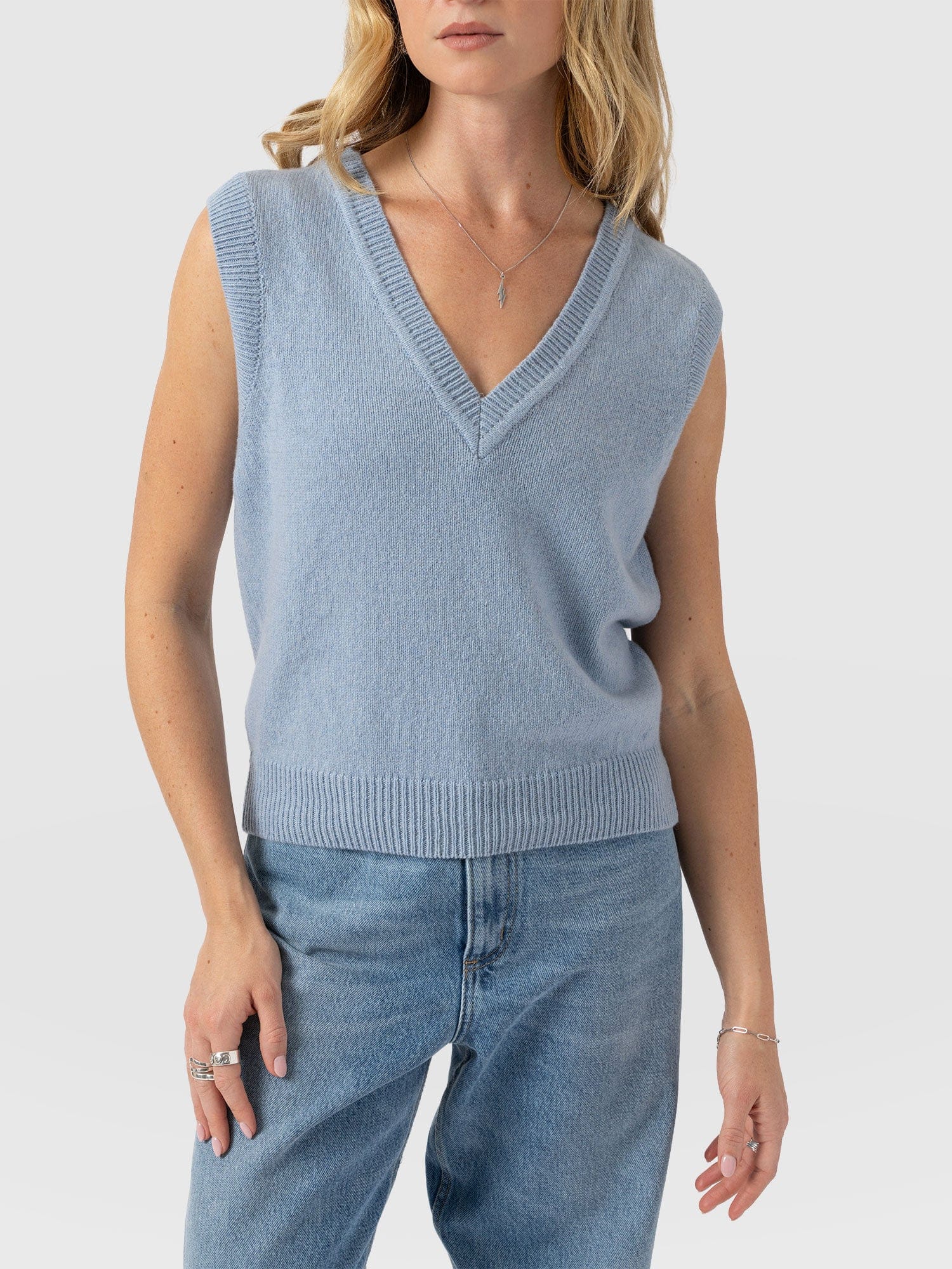 Oxford Cashmere V Neck Sleeveless Knit - Blue - Women's Sweaters | Saint + Sofia® USA