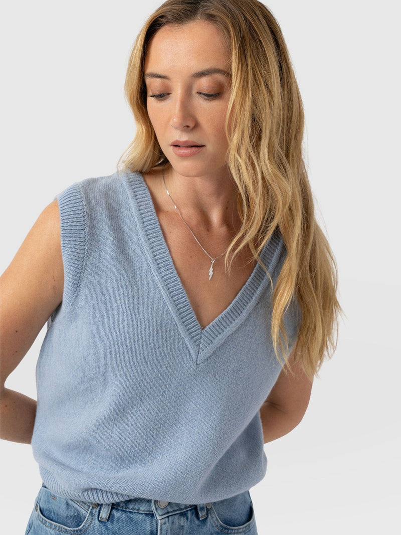 Oxford Cashmere V Neck Sleeveless Knit - Blue - Women's Sweaters | Saint + Sofia® USA