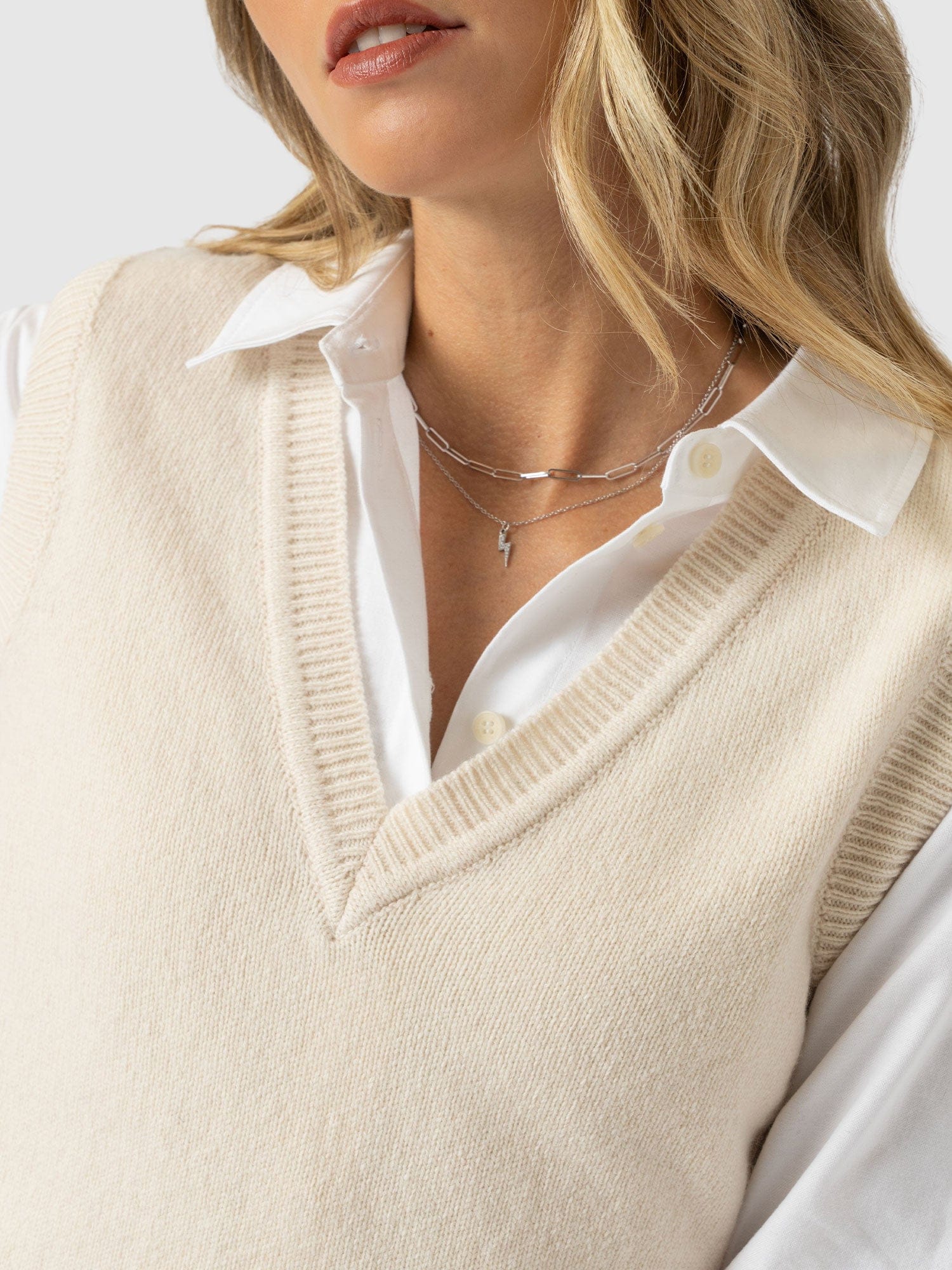 Oxford Cashmere V Neck Sleeveless Knit - Cream - Women's Sweaters | Saint + Sofia® USA