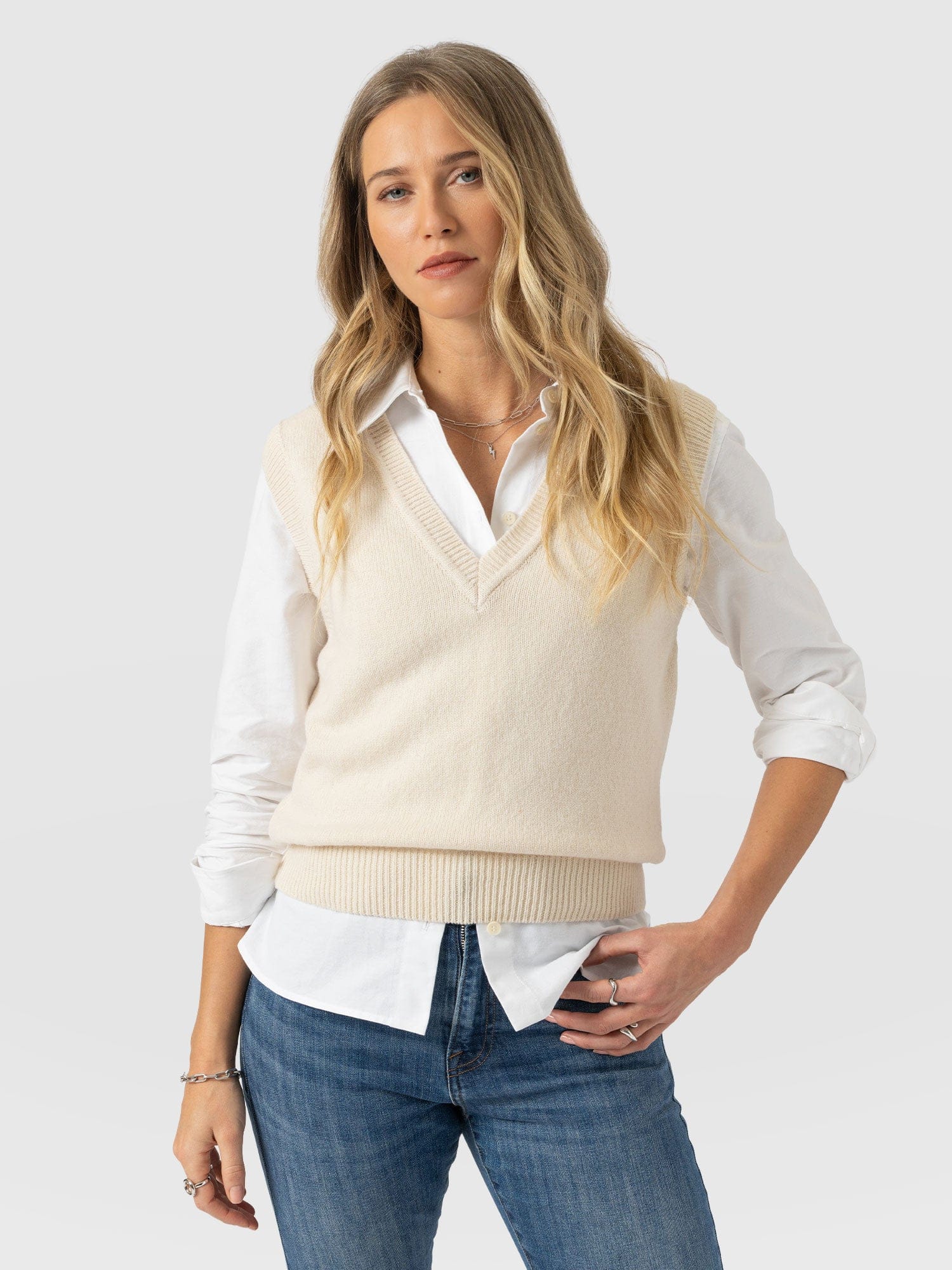 Oxford Cashmere V Neck Sleeveless Knit - Cream - Women's Sweaters | Saint + Sofia® USA
