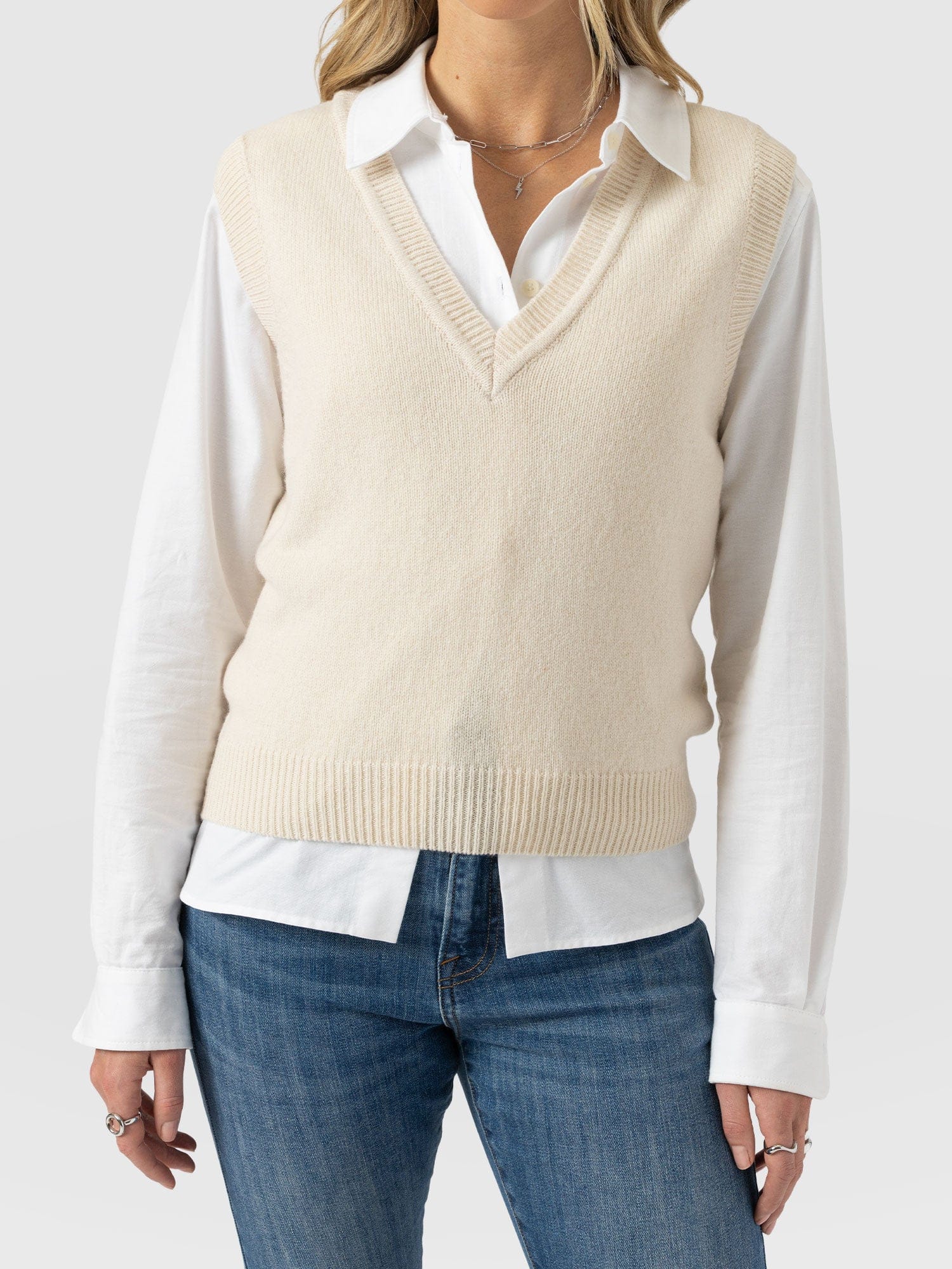 Oxford Cashmere V Neck Sleeveless Knit - Cream - Women's Sweaters | Saint + Sofia® USA
