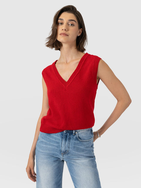Oxford Cashmere V Neck Sleeveless Knit - Red - Women's Sweaters | Saint and Sofia® USA