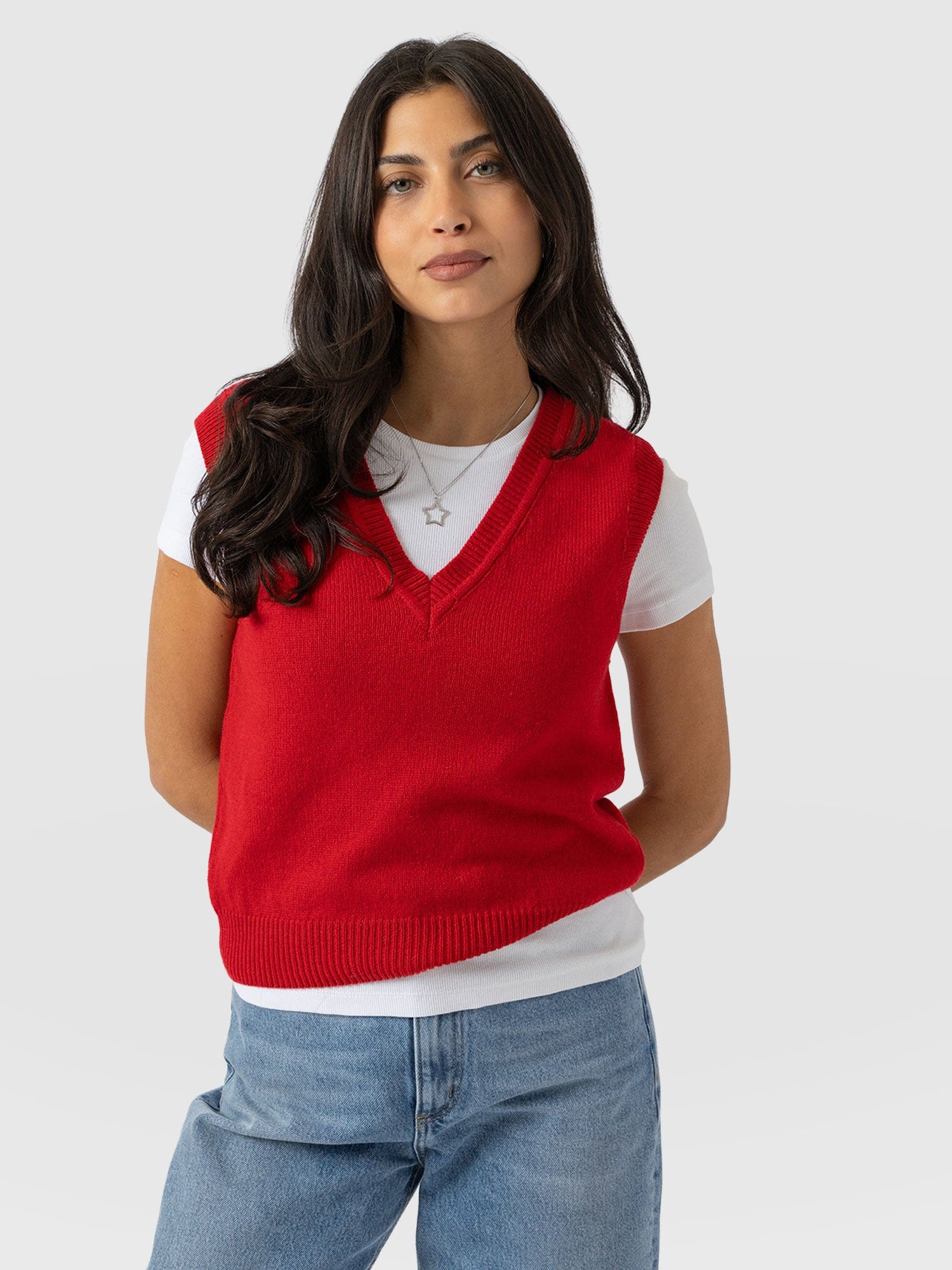 Oxford Cashmere V Neck Sleeveless Knit - Red - Women's Sweaters | Saint + Sofia® USA
