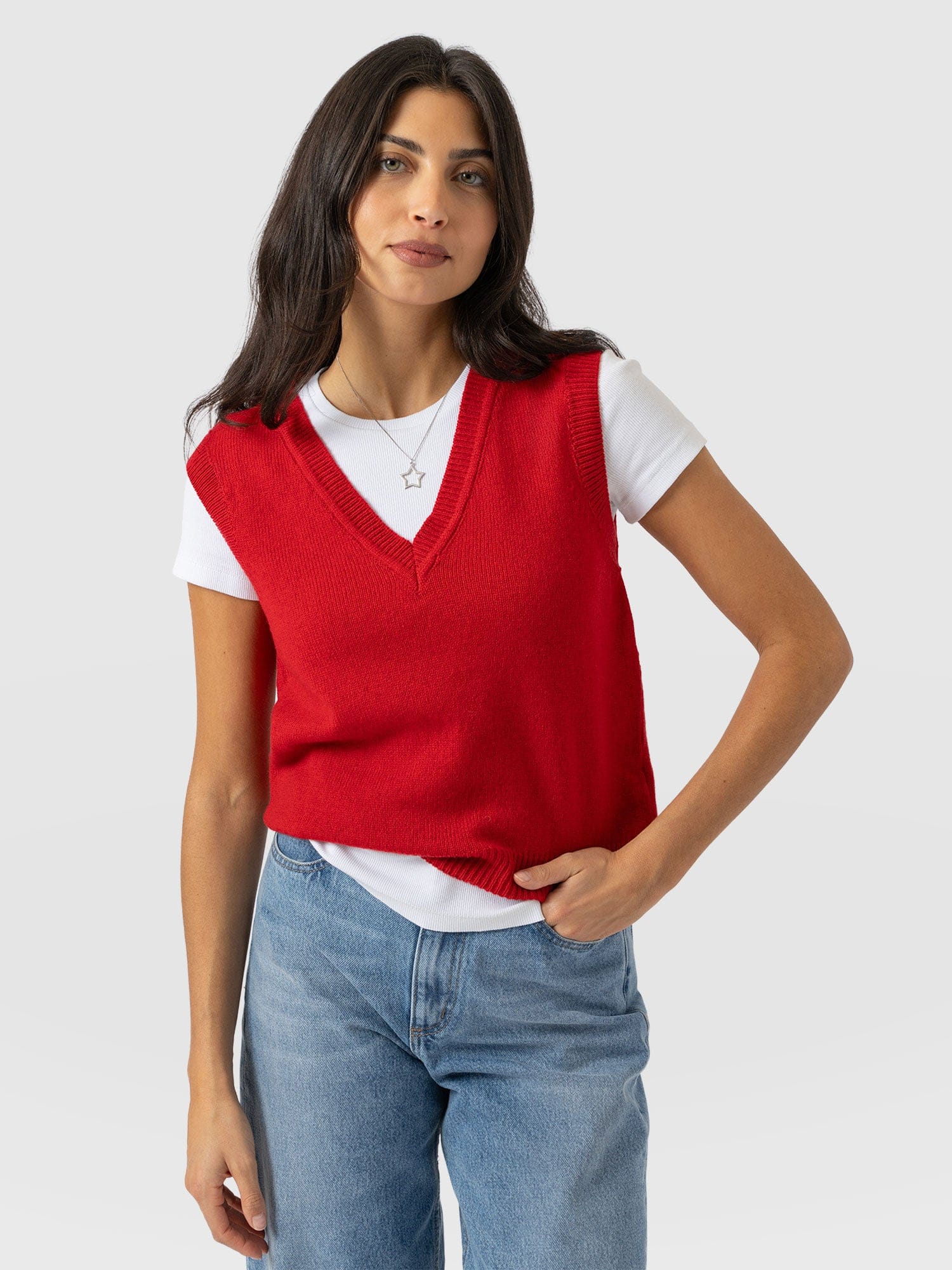 Oxford Cashmere V Neck Sleeveless Knit - Red - Women's Sweaters | Saint + Sofia® USA