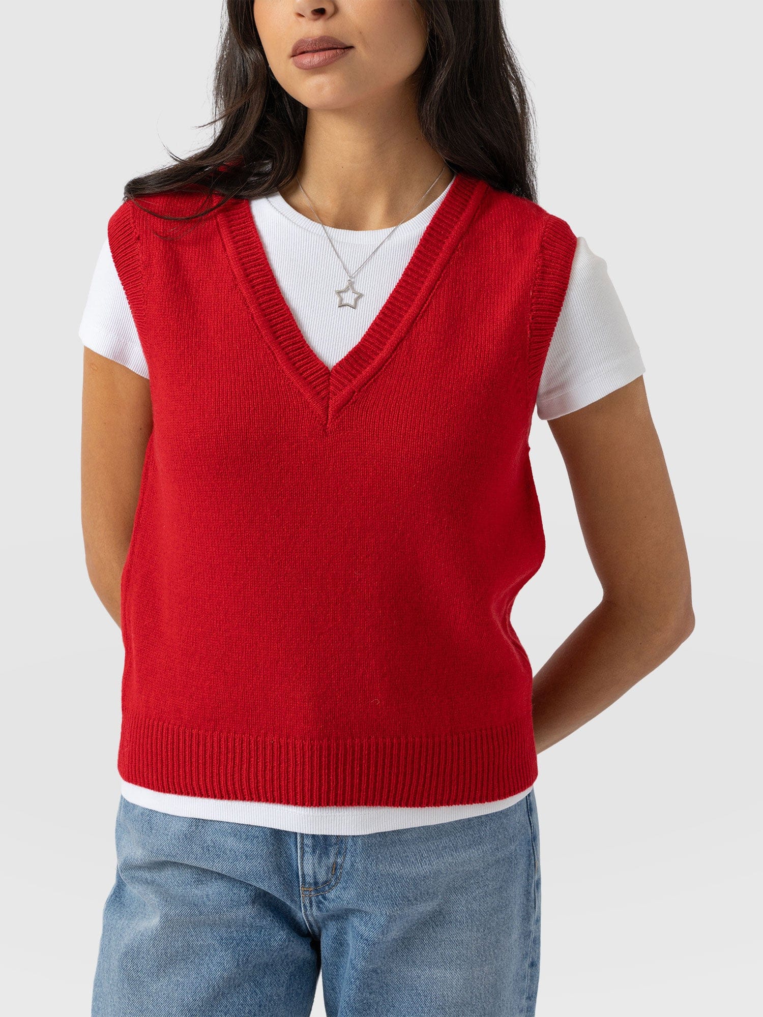 Oxford Cashmere V Neck Sleeveless Knit - Red - Women's Sweaters | Saint + Sofia® USA