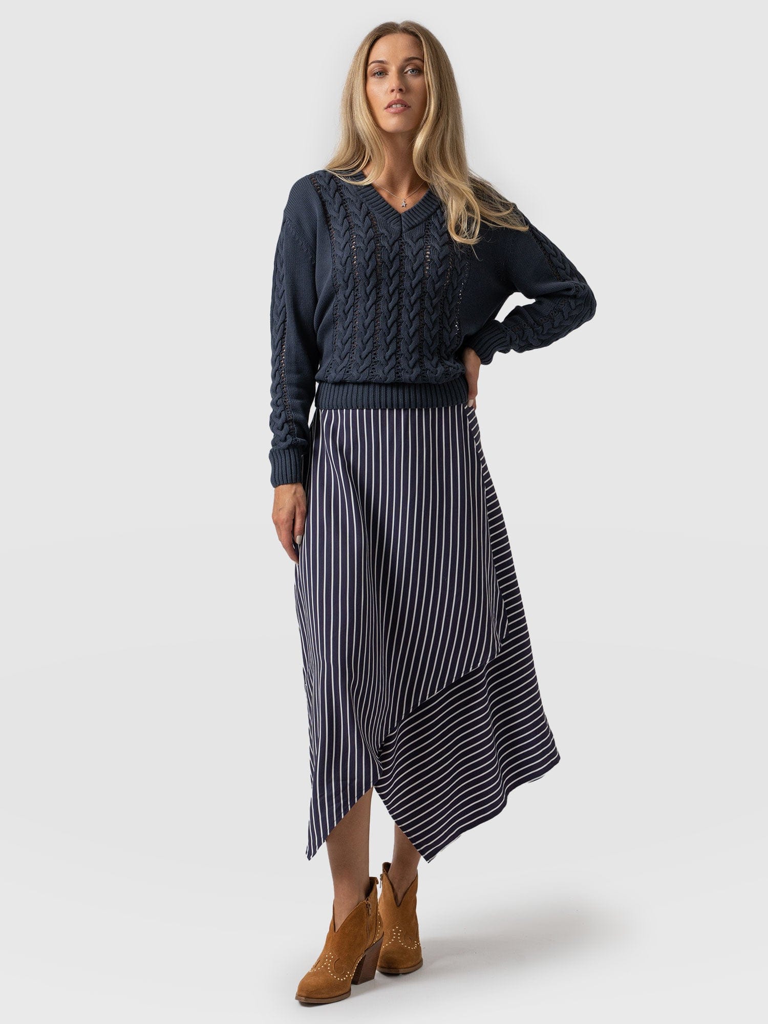 Oxford Wrap Skirt Navy Mini Stripe - Women's Skirts | Saint + Sofia® USA