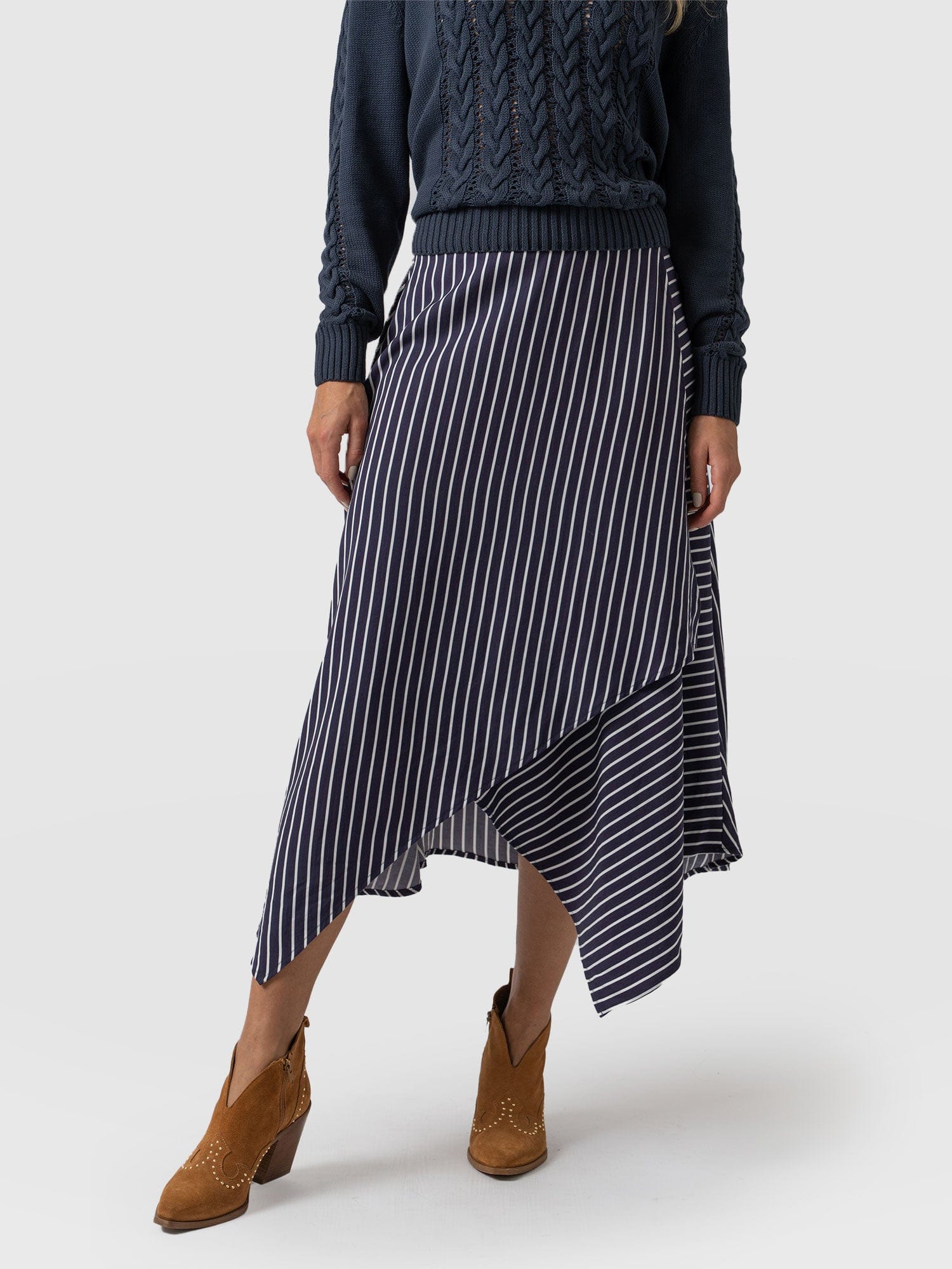 Oxford Wrap Skirt Navy Mini Stripe - Women's Skirts | Saint +