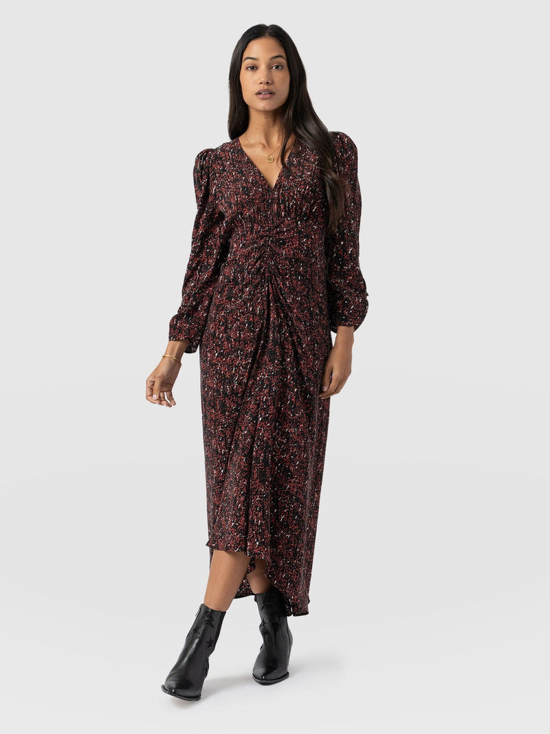 Paloma Ruched Dress Red Ditsy Leopard - Women's Dresses | Saint + Sofia® UK