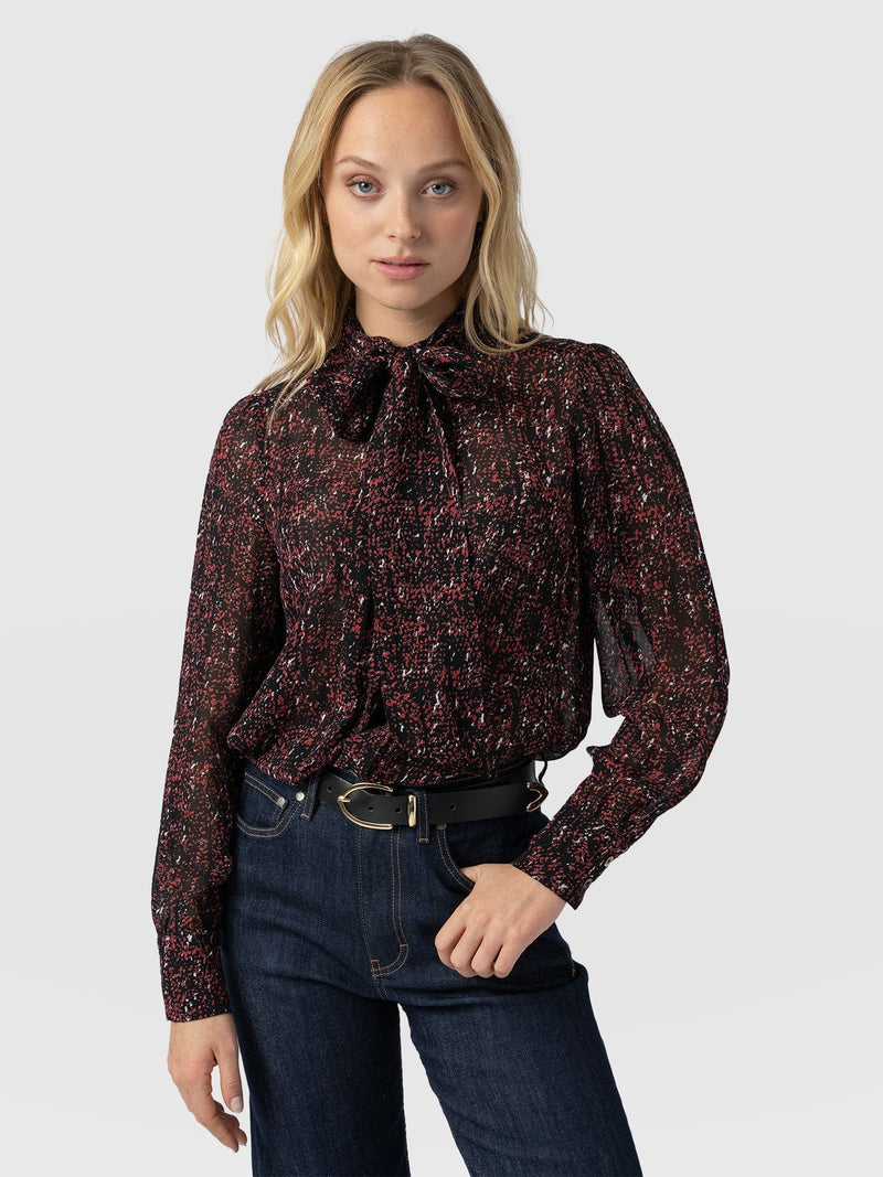 Paxton Pussybow Blouse - Red Ditsy Leopard