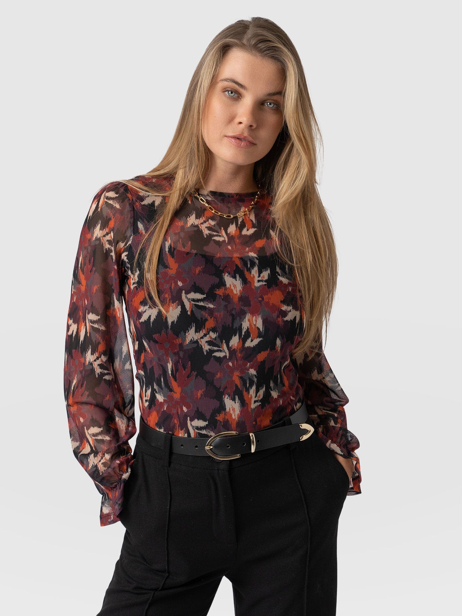 Poppy Mesh Long Sleeve Top - Earthy Bloom