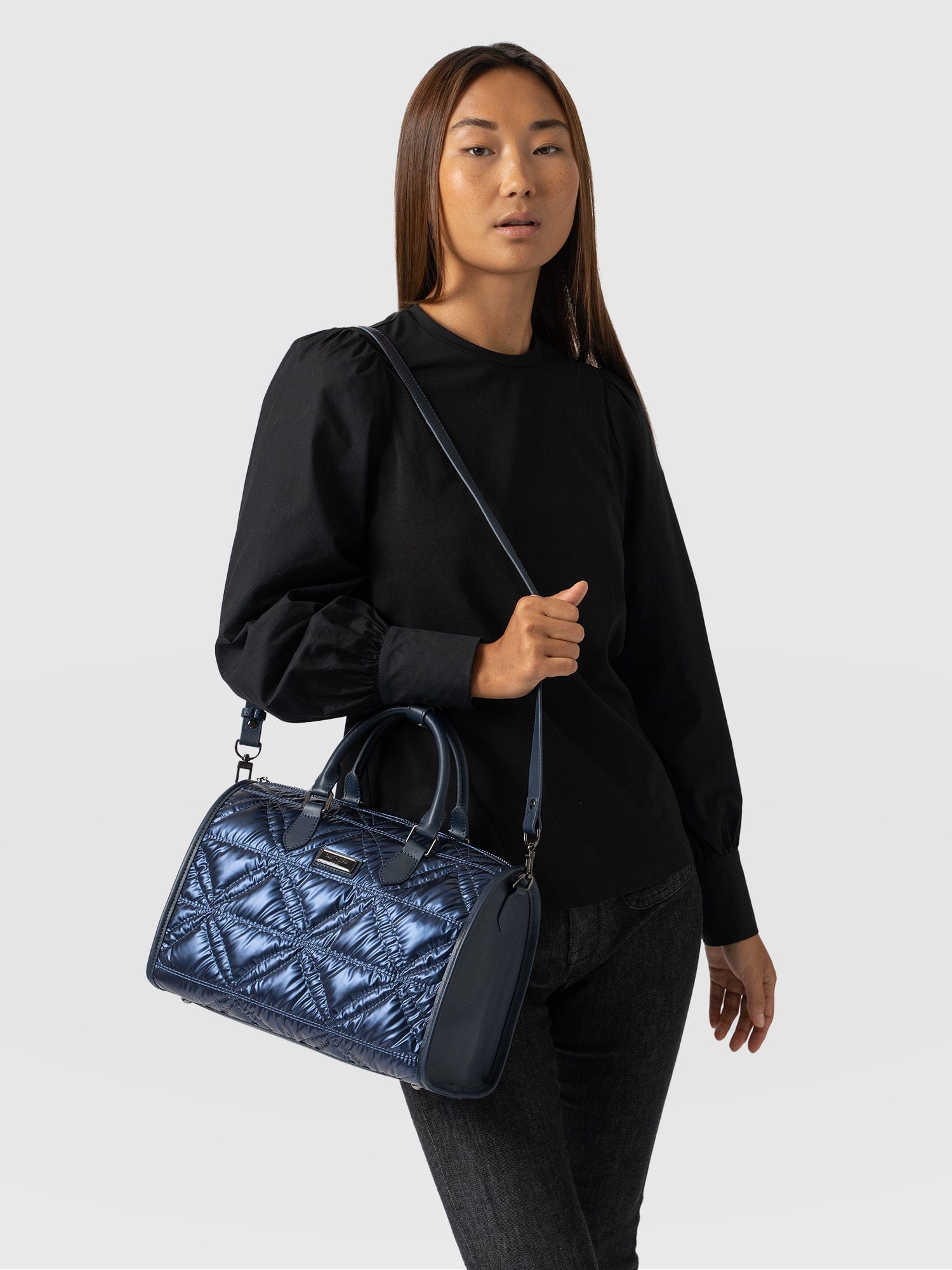 Quilted Maeve Duffle Bag Metallic Navy - Women's Bags | Saint + Sofia® UK