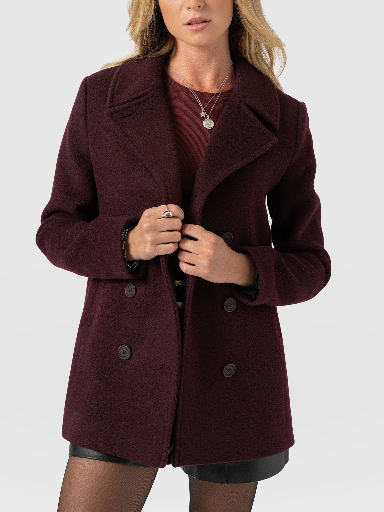 Quinn Pea Coat - Maroon - Women's Outerwears | Saint + Sofia® USA