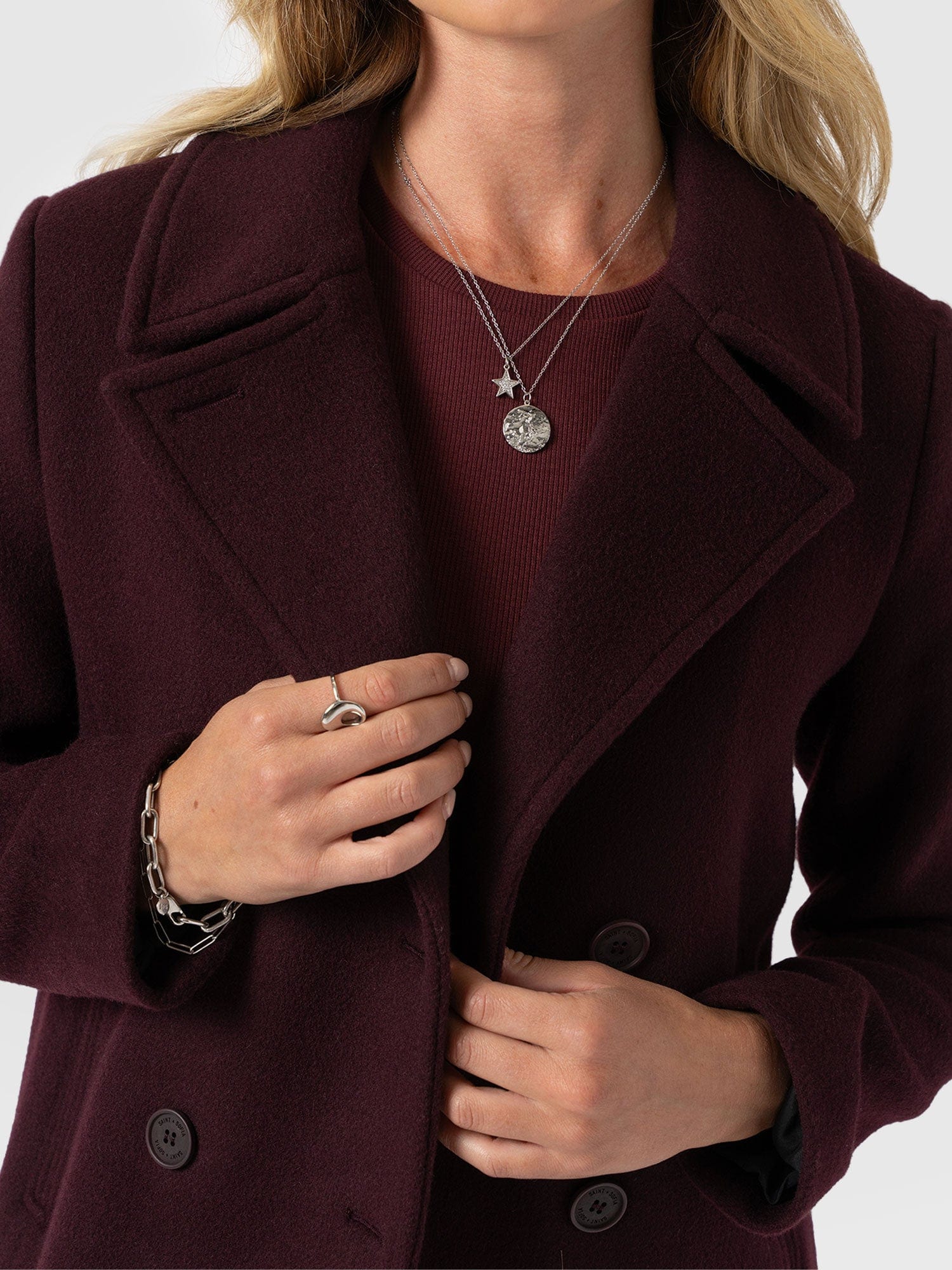 Quinn Pea Coat - Maroon - Women's Outerwears | Saint + Sofia® USA