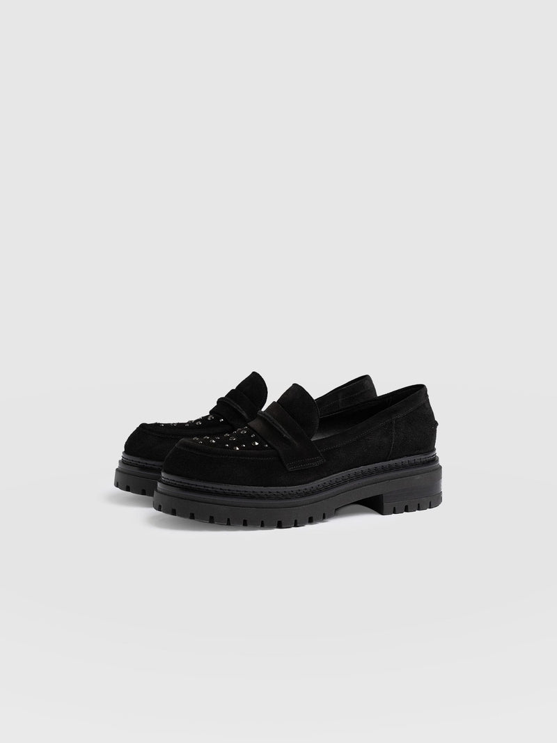 Raine Studded Loafer Black Suede- Women's Loafers | Saint + Sofia® US