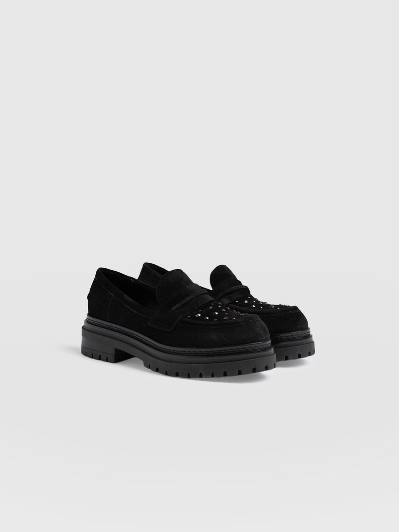 Raine Studded Loafer Black Suede- Women's Loafers | Saint + Sofia® US