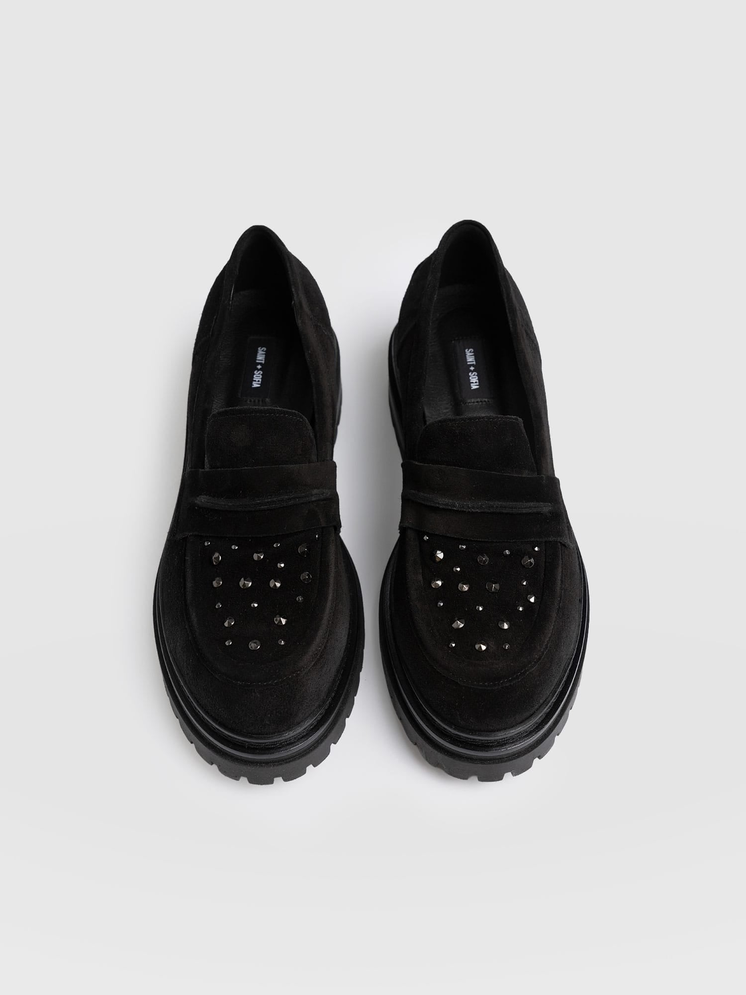 Raine Studded Loafer Black Suede- Women's Loafers | Saint + Sofia® US