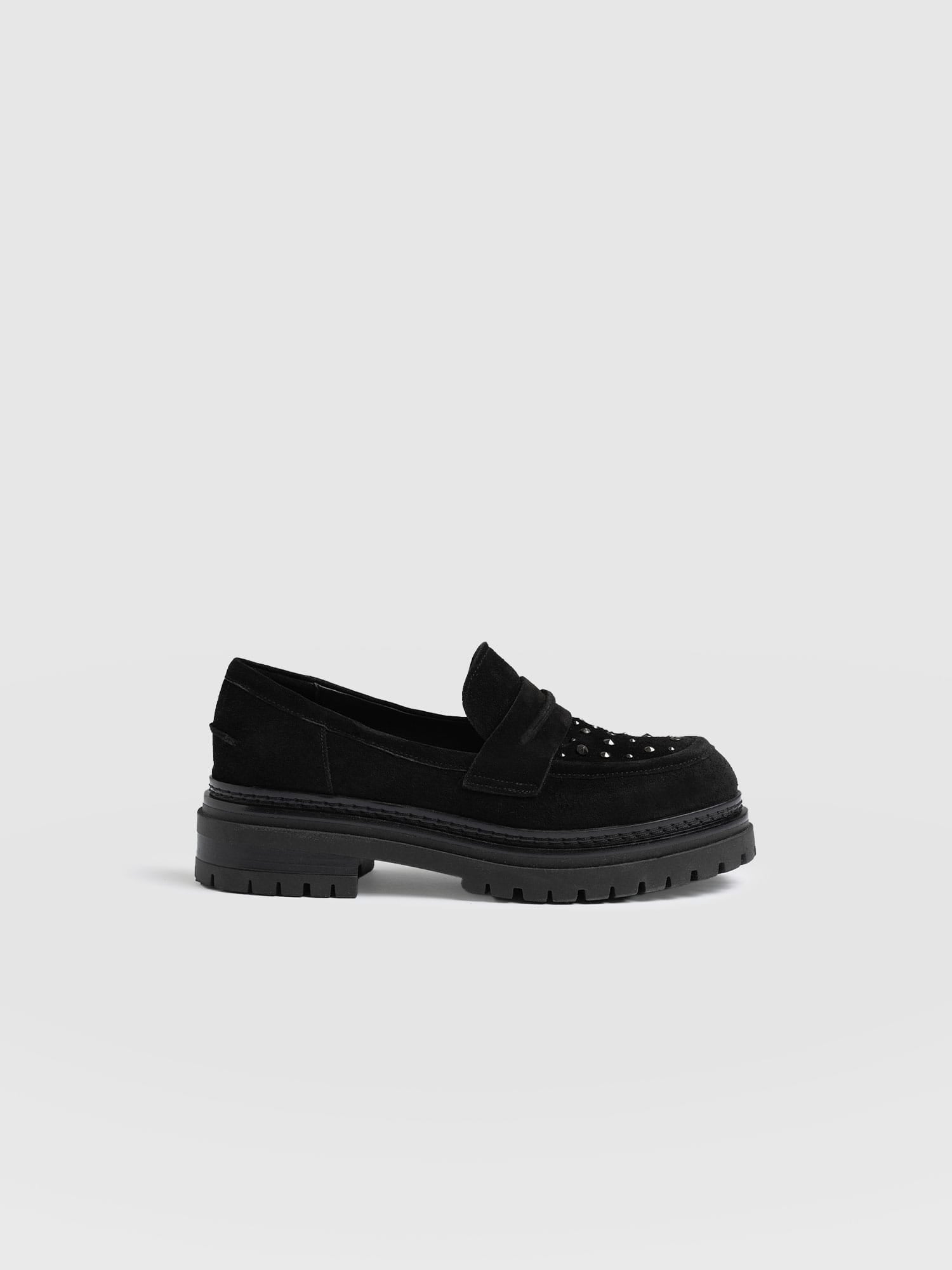 Raine Studded Loafer Black Suede- Women's Loafers | Saint + Sofia® US