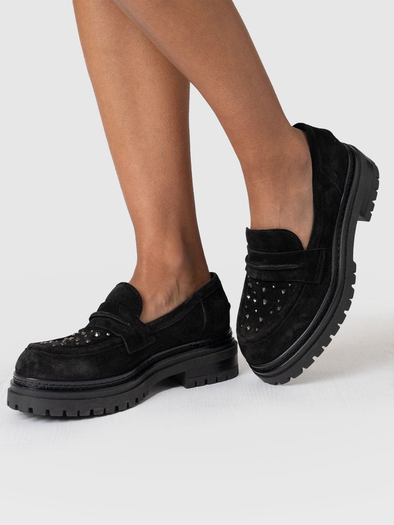 Raine Studded Loafer Black Suede- Women's Loafers | Saint + Sofia® US