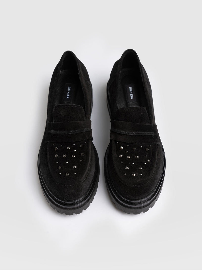 Raine Studded Loafer Black Suede- Women's Loafers | Saint + Sofia® US