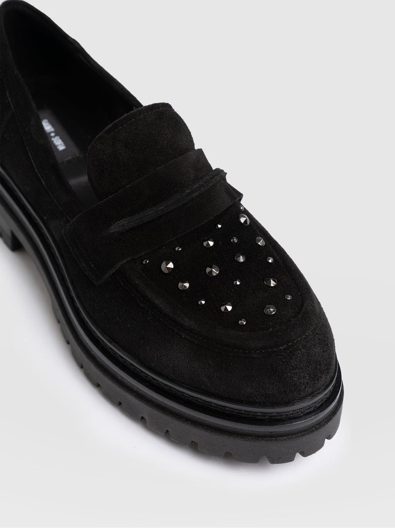 Raine Studded Loafer Black Suede- Women's Loafers | Saint + Sofia® US