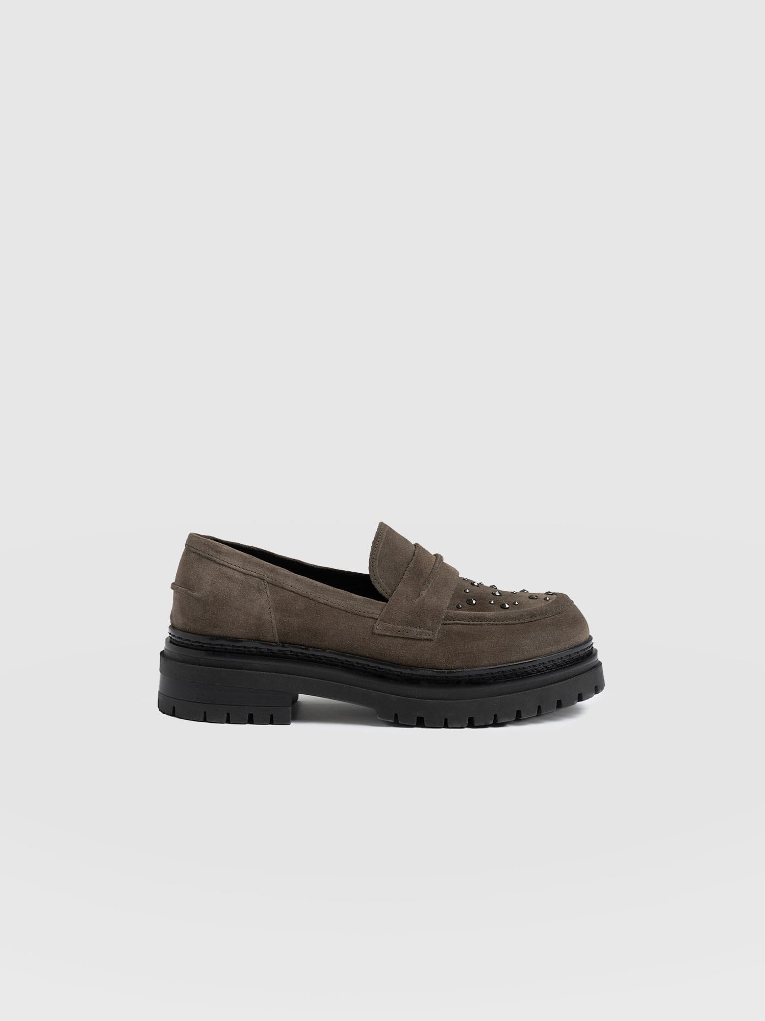 Raine Studded Loafer Taupe Suede- Women's Loafers | Saint + Sofia® US