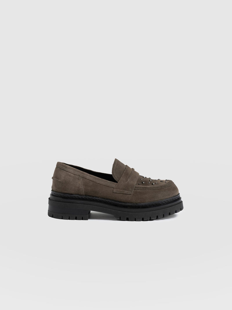 Raine Studded Loafer Taupe Suede- Women's Loafers | Saint + Sofia® US