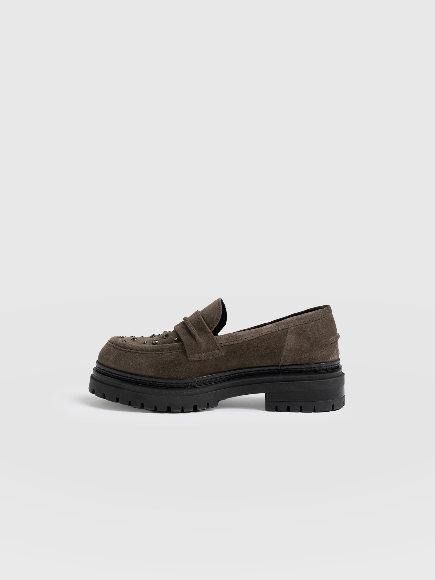 Raine Studded Loafer Taupe Suede- Women's Loafers | Saint + Sofia® US