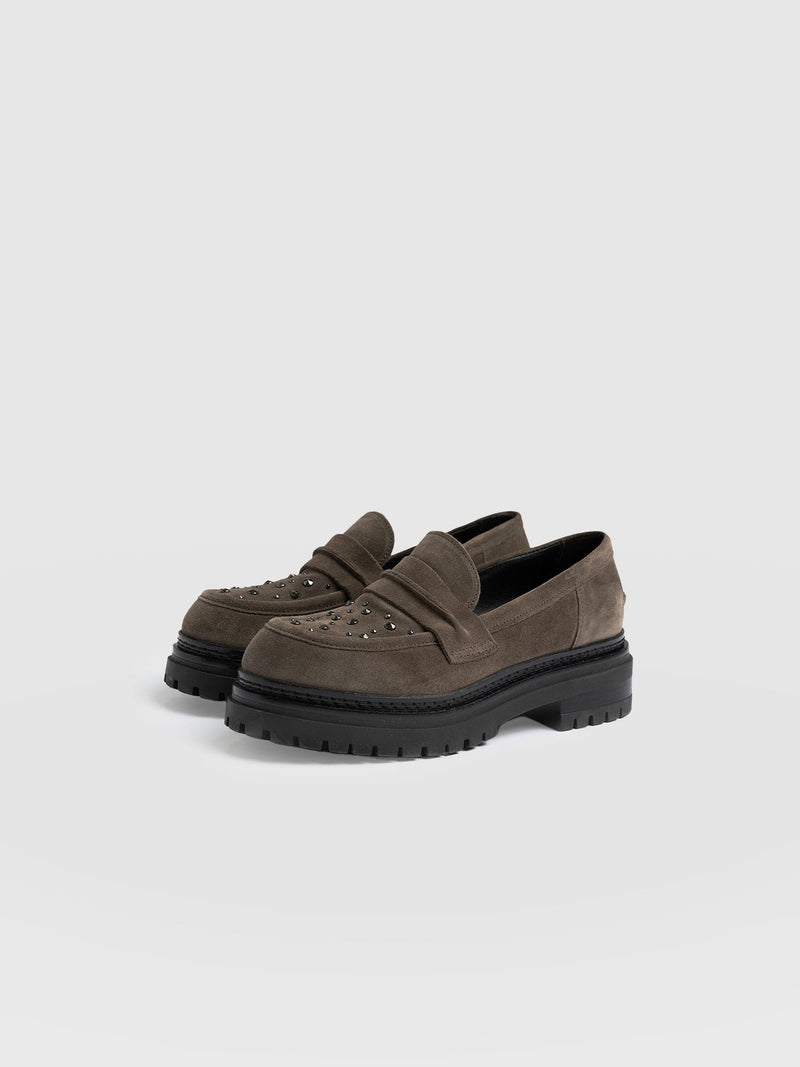 Raine Studded Loafer Taupe Suede- Women's Loafers | Saint + Sofia® US