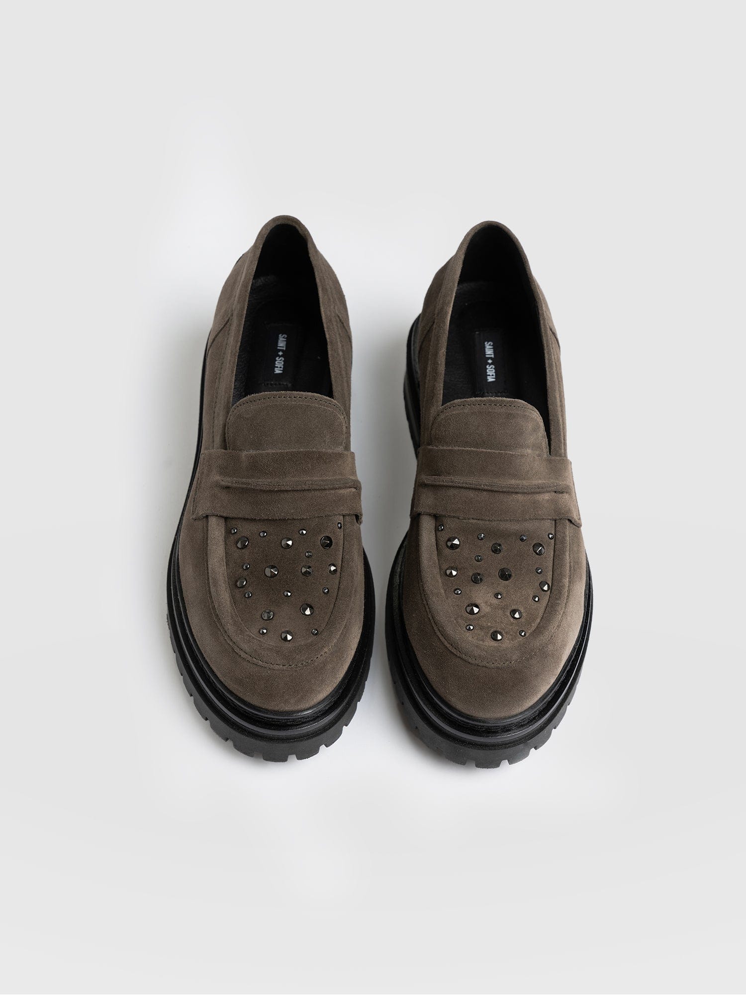 Raine Studded Loafer Taupe Suede- Women's Loafers | Saint + Sofia® US