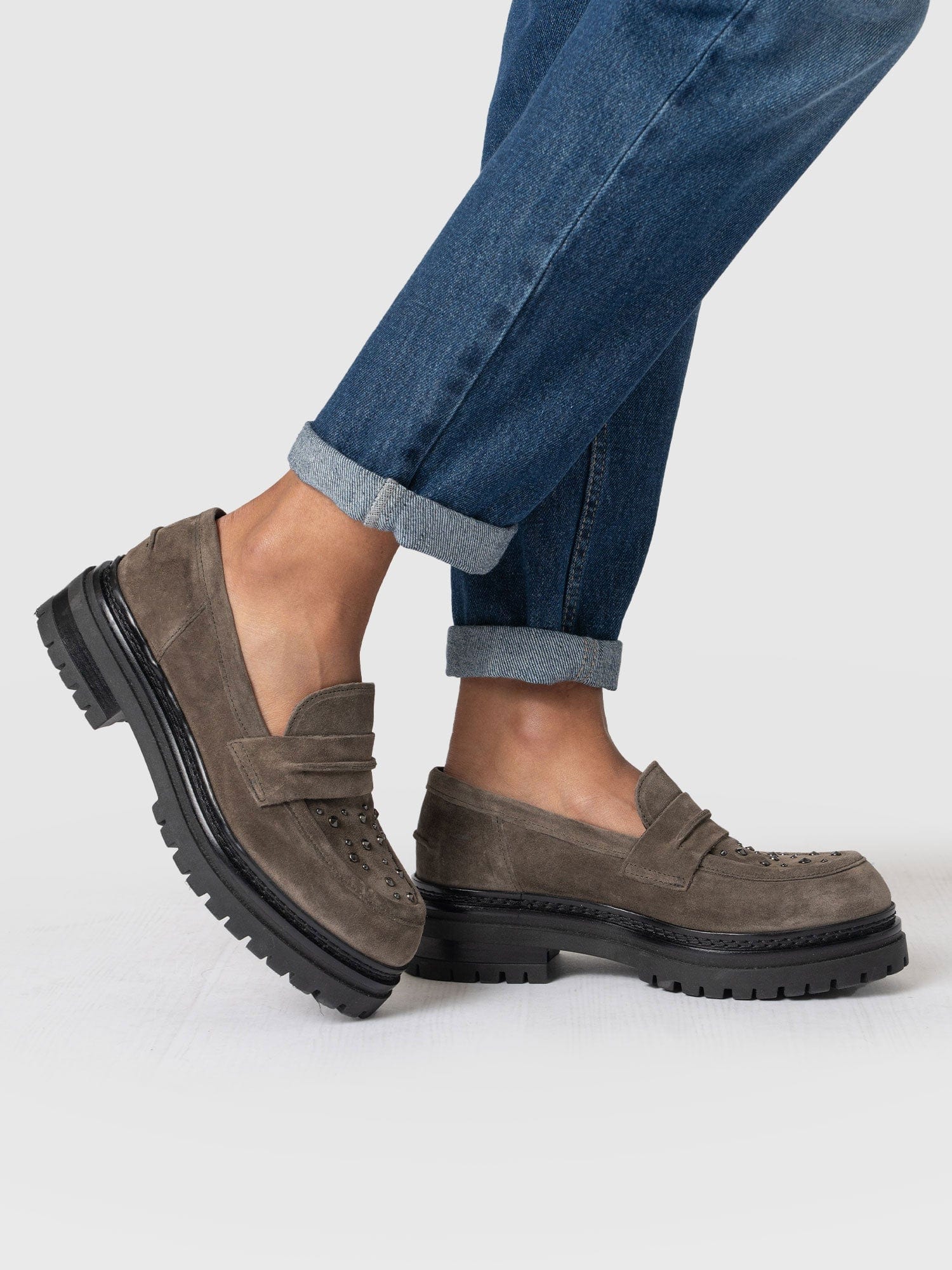 Raine Studded Loafer Taupe Suede- Women's Loafers | Saint + Sofia® US