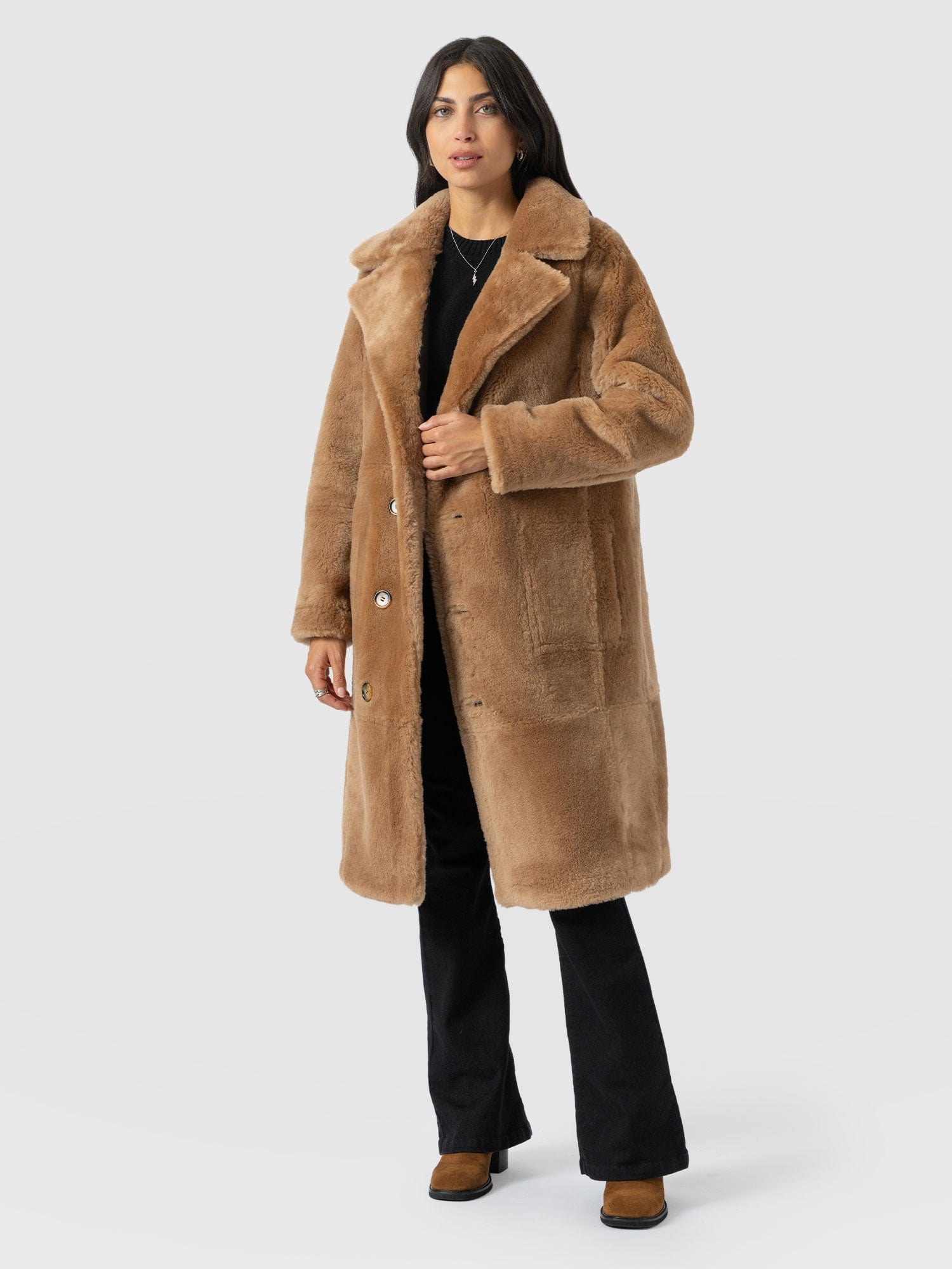 Ramone Shearling Reversible Coat - Brown - Women's Leathers | Saint + Sofia® USA